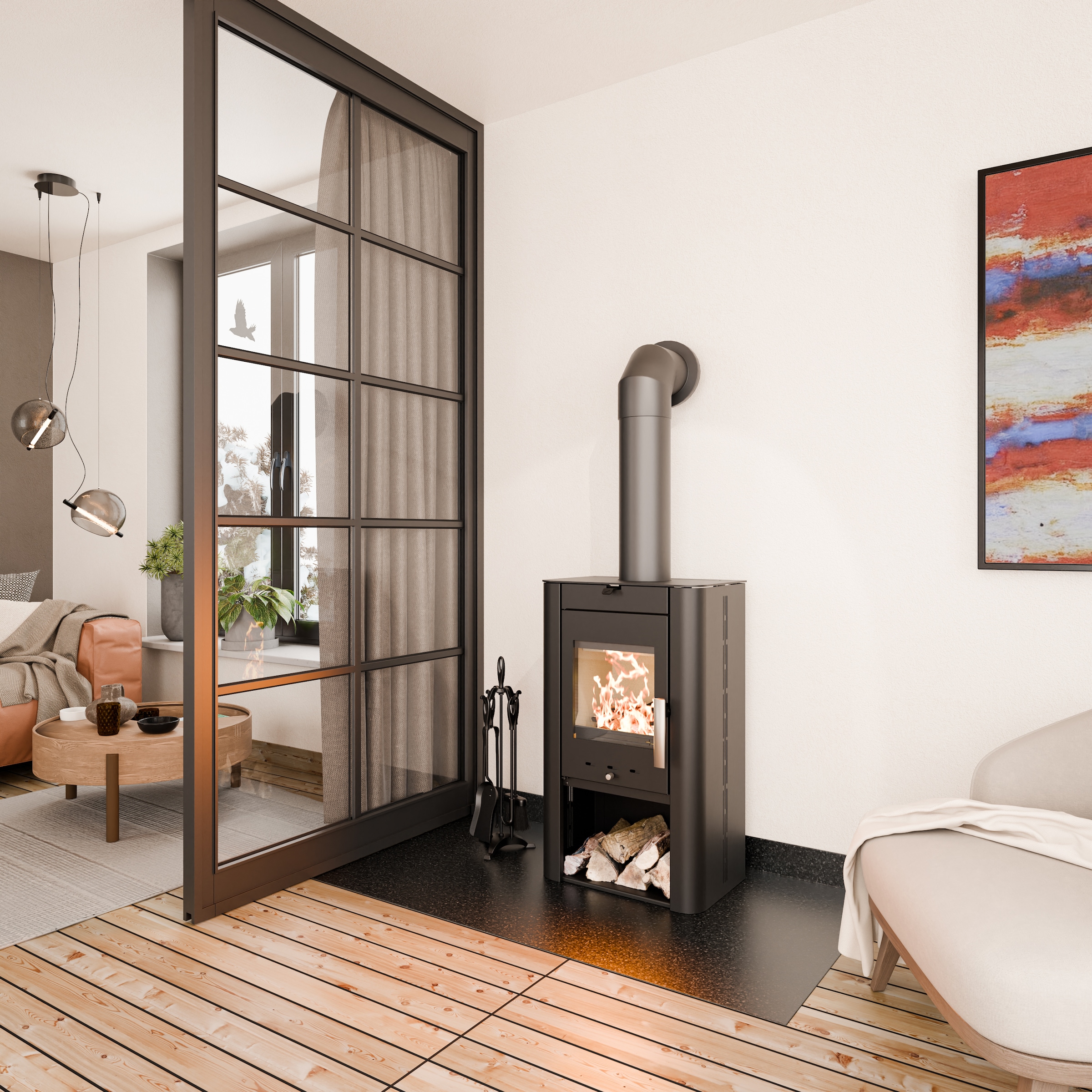 Haas + Sohn Kaminofen »PRUNUS II Stahl tief-schwarz, mit Holzfach«