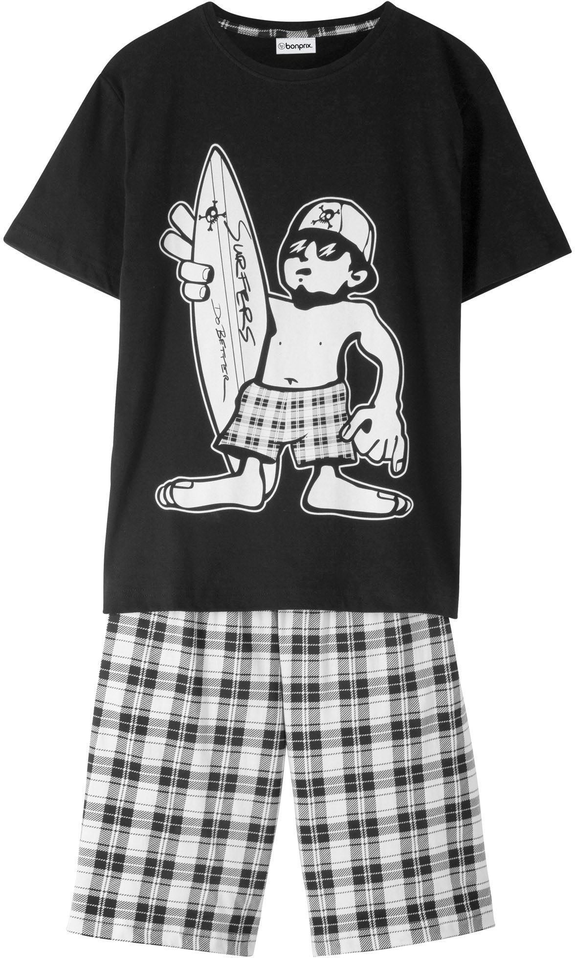 BONPRIX Jungen Shorty, Gr. 140, schwarz, Obermaterial: 100% Baumwolle, bedruckt, Homewear-Sets, lockere Passform, aus Baumwolle