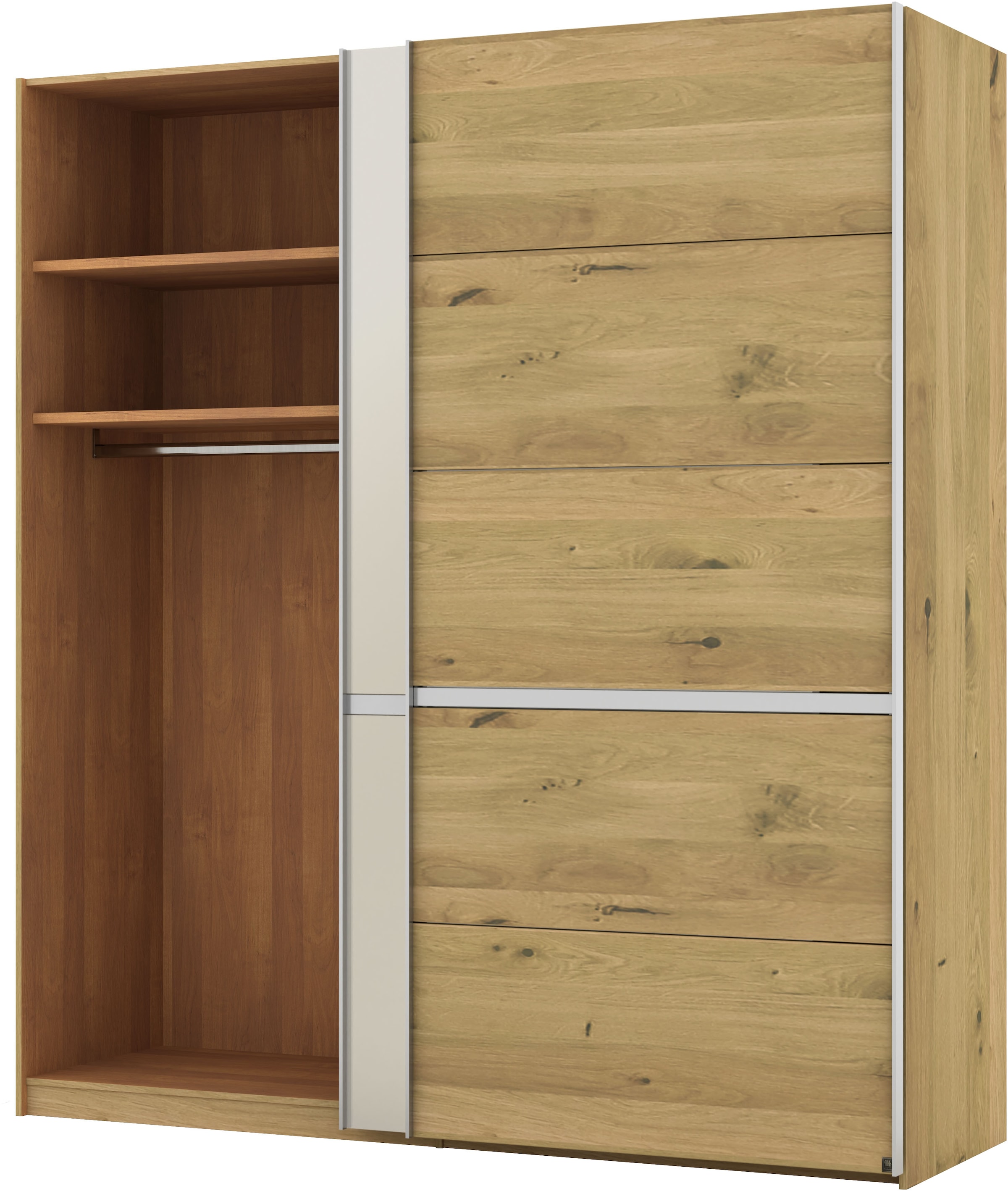 Musterring Schwebetürenschrank »Savona, Kleiderschrank, Schrank, Garderobe, mit Schiebetüren«, (Teilmassiv Bianco-Eiche, mit Spiegel oder Glas, MADE IN GERMANY), Türen Bianco-Eiche massiv, Spiegel-/Glastüren, eingelegte Chromleiste