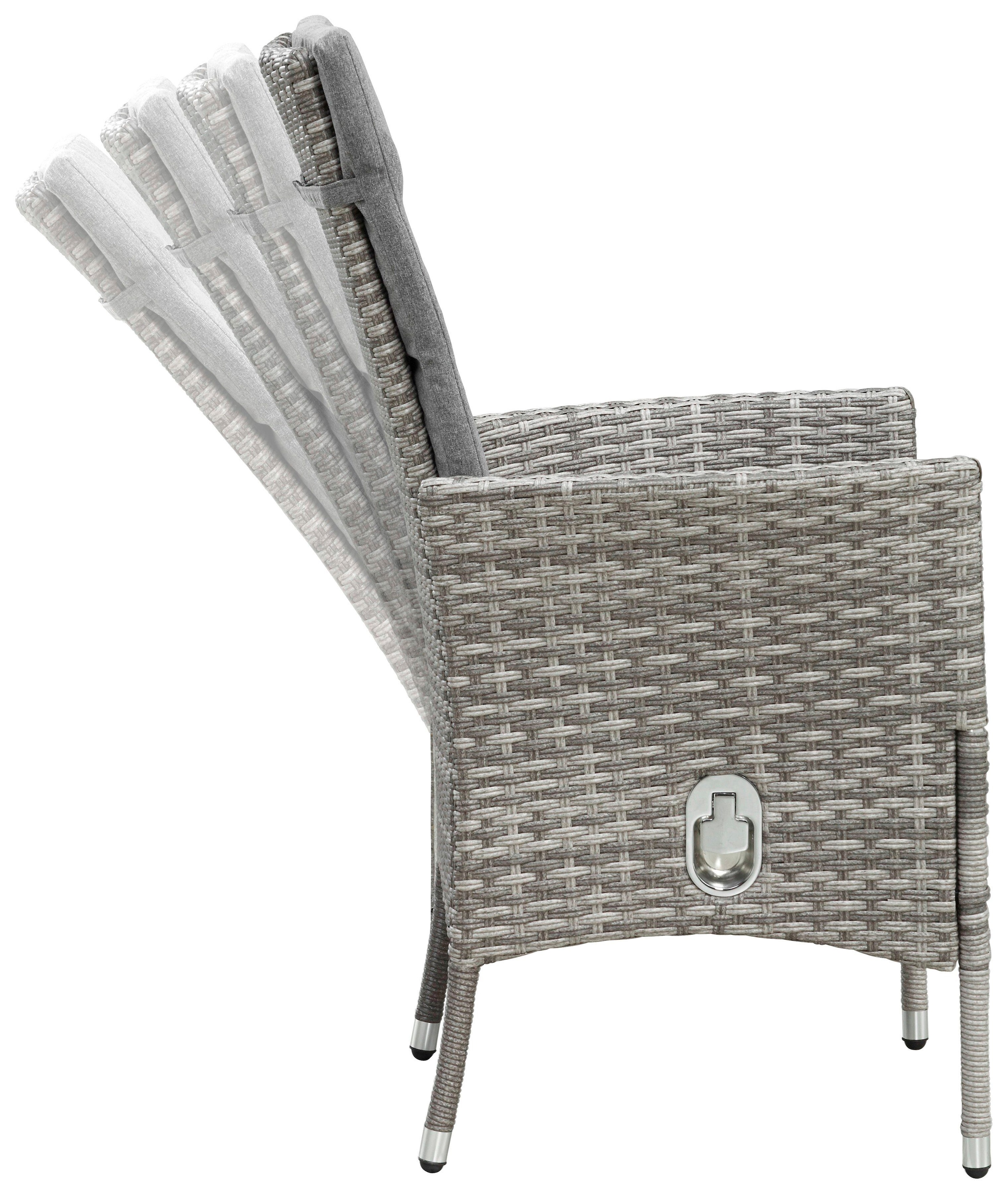 KONIFERA Balkonset »Belluno«, (Set, 5 tlg., 2x Sessel, 1x Tisch Ø 50 cm, inkl. Auflagen), Polyrattan, Sessel sind stufenlos verstellbar, Grau, Stahl