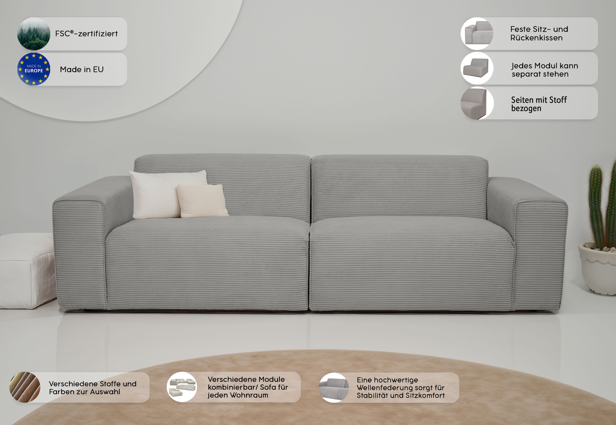 INOSIGN 3-Sitzer »Koa, 228 cm, Modulsofa in Webstoff, Cord«, Designsofa in Cord, weicher Lounge-Sitzkomfort