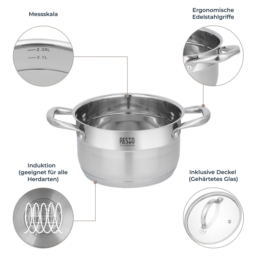 RESTO Kitchenware Kochtopf »Rigel, Topf energiesparend und spülmaschinenfest«, Edelstahl 18/10, (2 tlg.), mit hitzebeständigem Glasdeckel, im Geschenkkarton