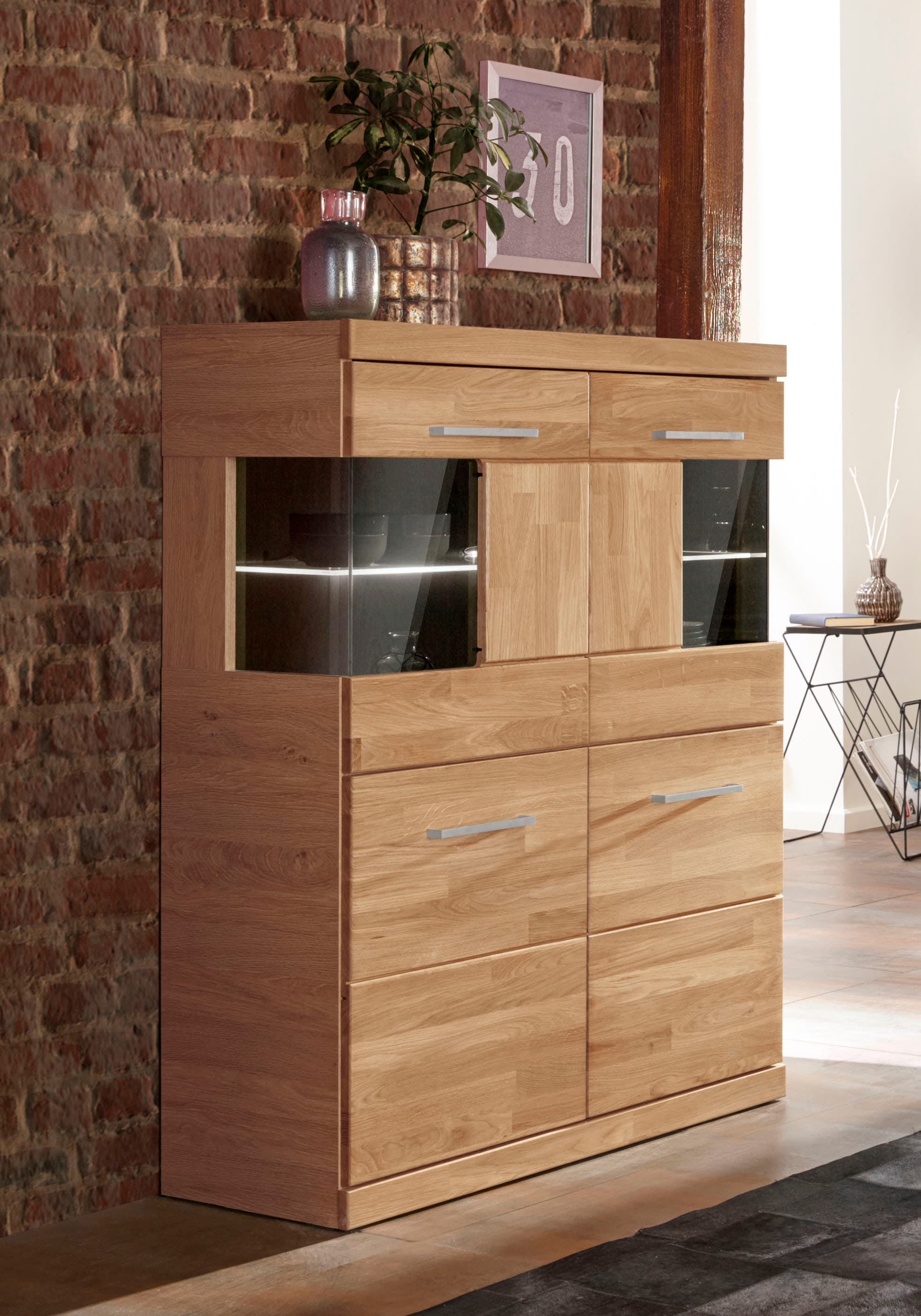 OTTO home Highboard "Ribe,85cm breit,115cm hoch, Fronten Massivholz,4 breite Fächer" Korpus Holzwerkstoff,2Türen mit Glaseinsatz, Böden versetzbar