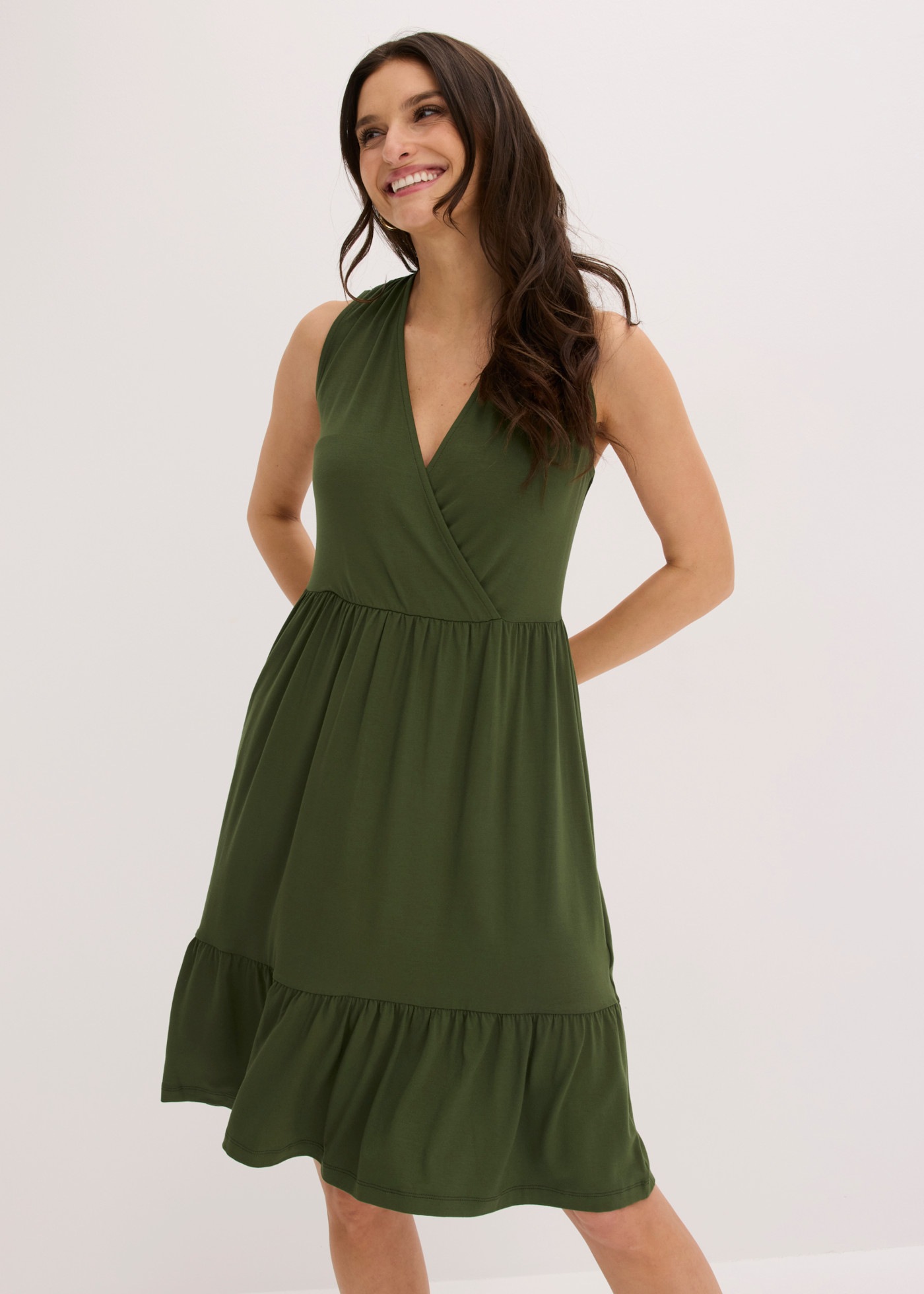 bonprix Jerseykleid für eleganten Look, ärmellos, ohne Kragen, A-Linie, mit Volant