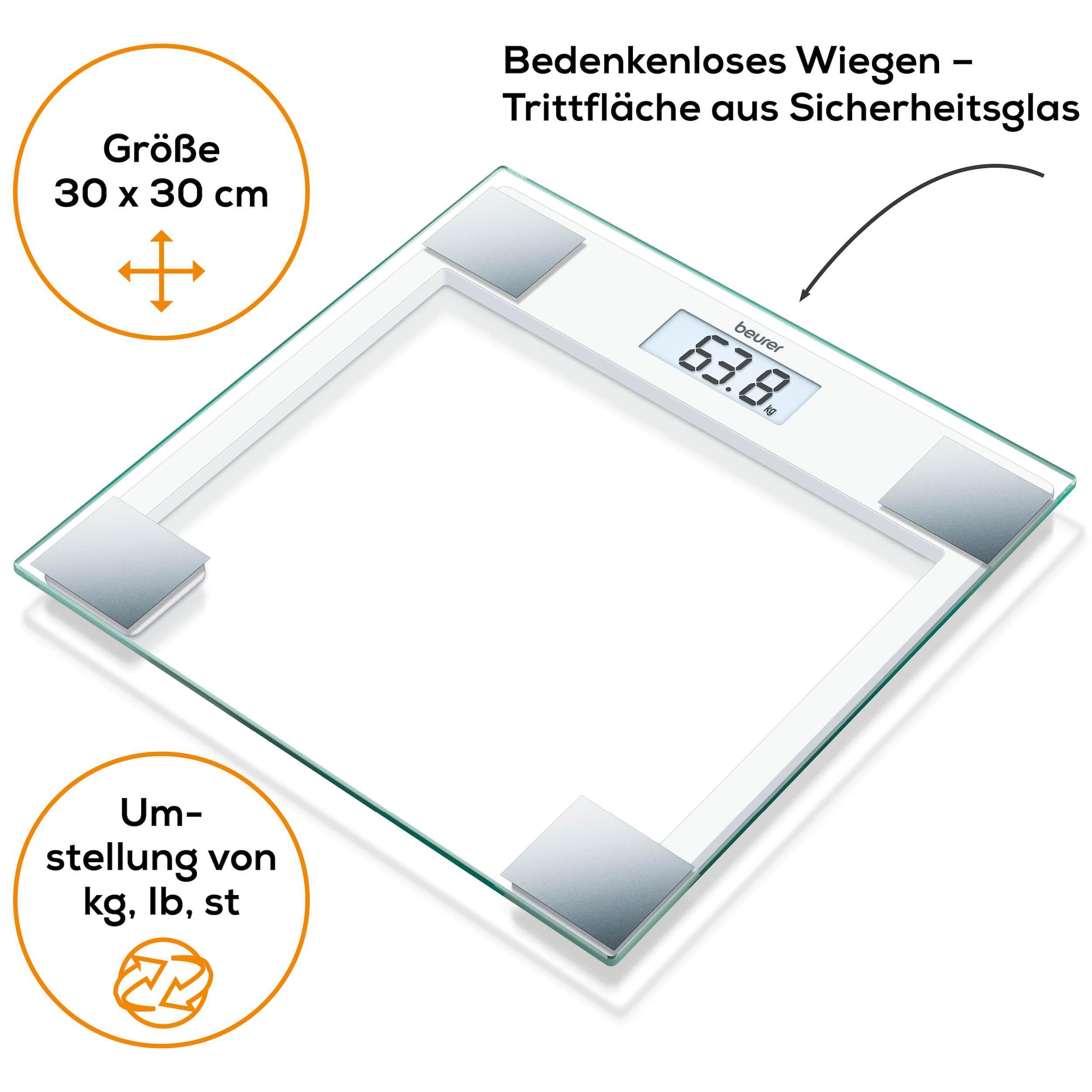 BEURER Personenwaage »GS 14 mit Wiegefläche aus extra klarem Sicherheitsglas«, Flache Bauhöhe, Tragkraft bis 150 kg, Überlastungsanzeige