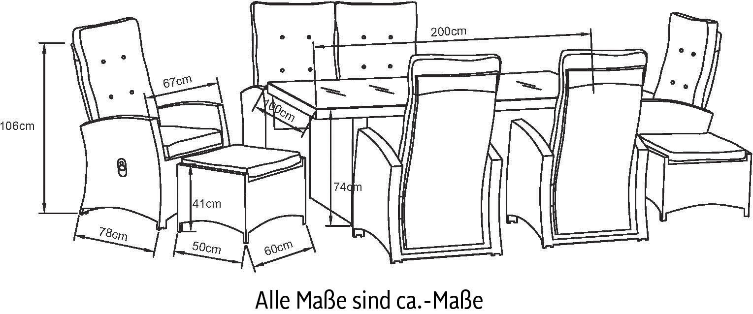 KONIFERA Garten-Essgruppe »Monaco«, (Set, 17 tlg., 6x Sessel, 2x Hocker, 1x Tisch 200x100x74cm, inkl. Auflagen), Polyrattan, Aluminium, Rückenlehne verstellbar