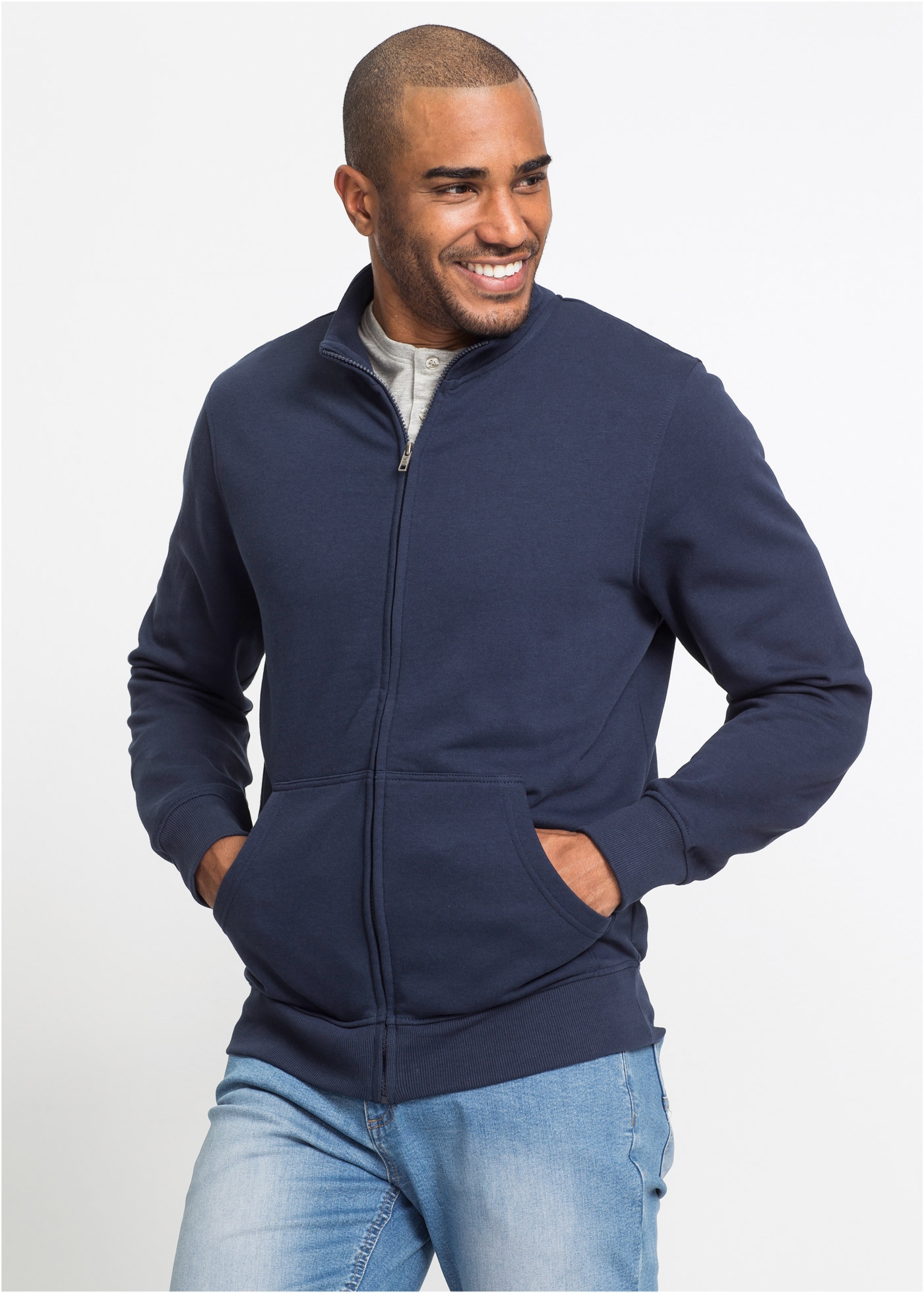 BONPRIX Herren Sweatjacke "Sweatjacke mit Stehkragen", blau, Gr. 60, unifarben, angeraute Sweatware, Obermaterial: 60% Baumwolle, 40% Polyester,