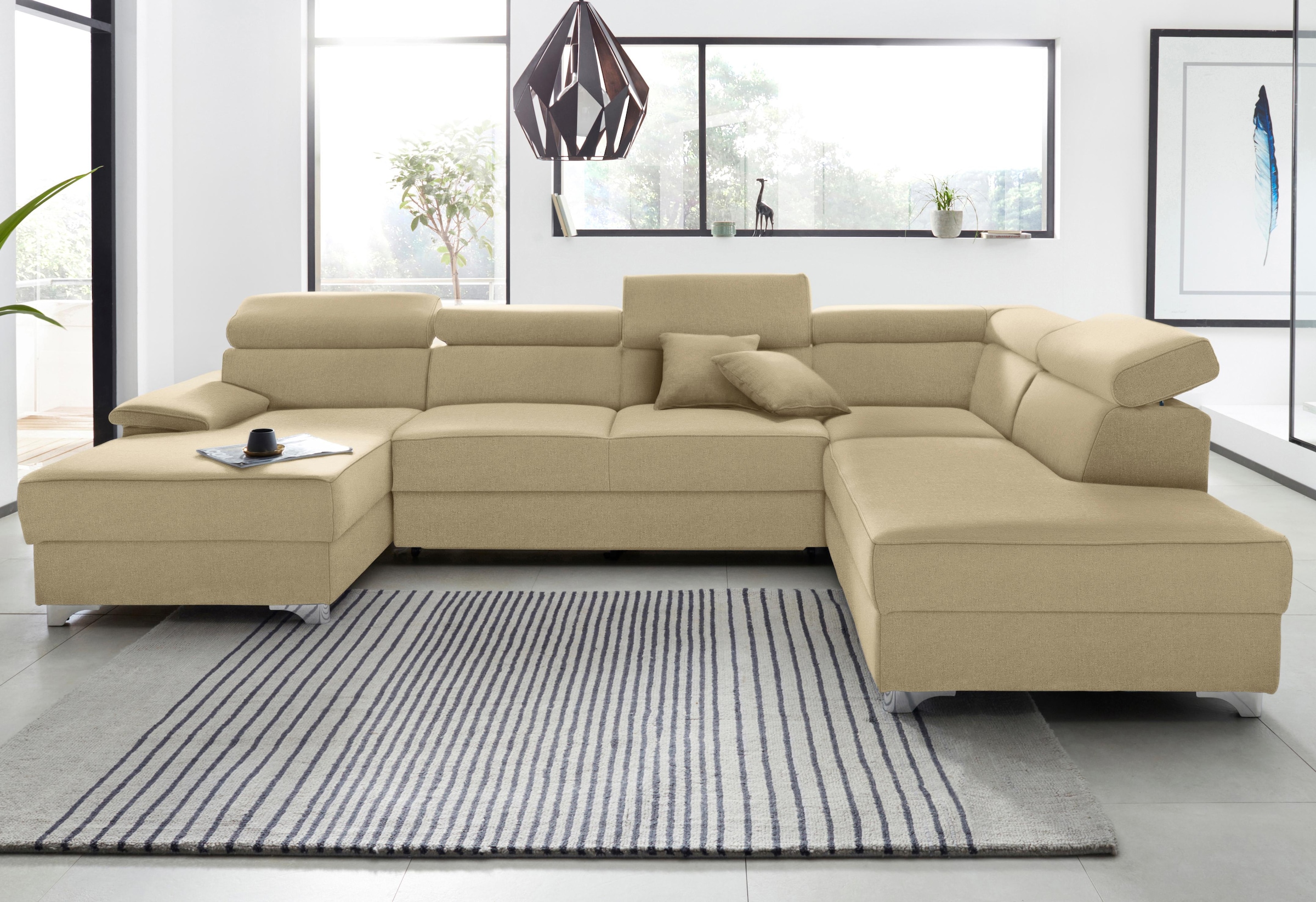 DOMO collection Wohnlandschaft "Mira, inklusive Kopfteilverstellung für mehr Wohlfühlkomfort, U-Form" wahlweise mit Bettfunktion und Bettkasten, elegant und modern