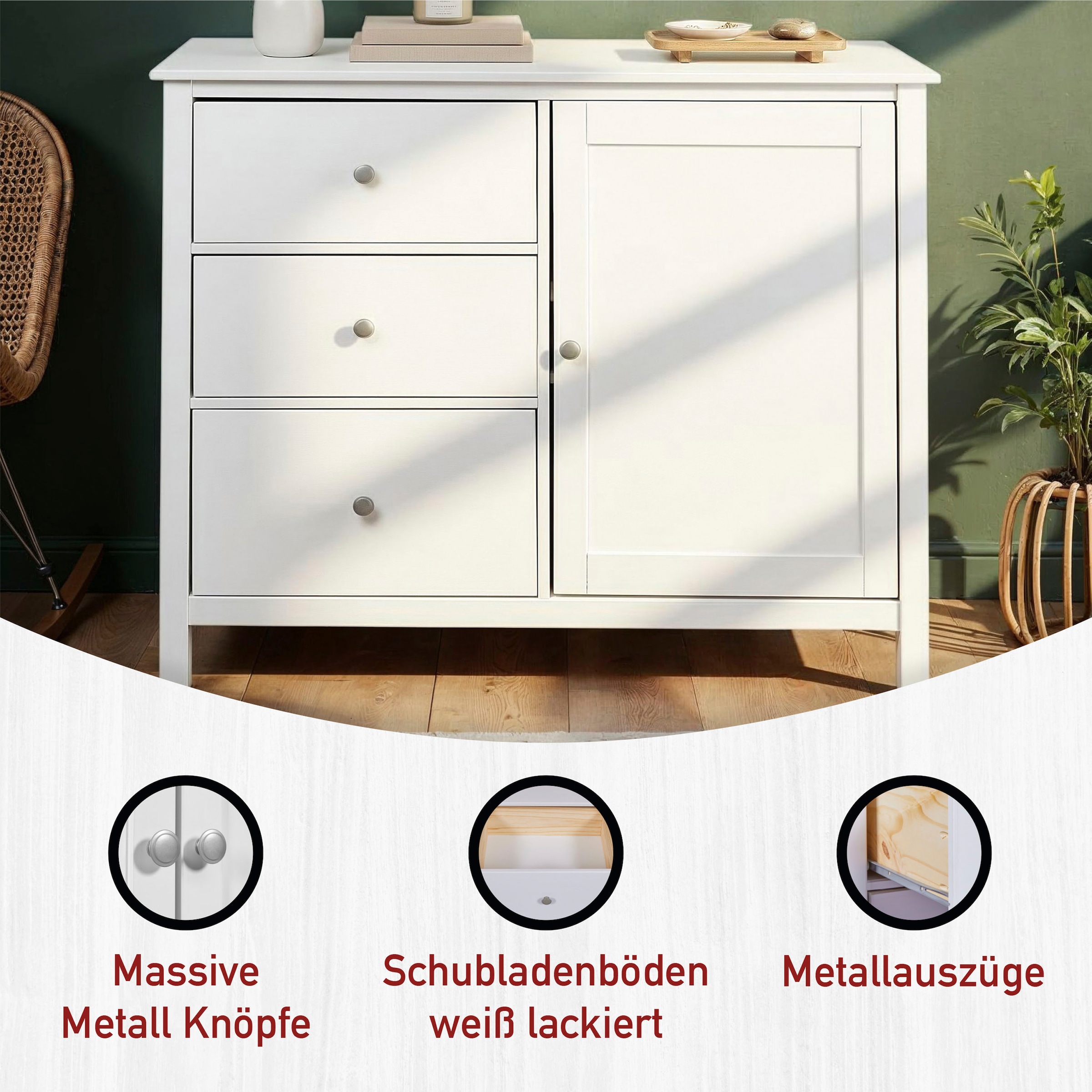 Inter Link Kombikommode »Pinora, Kiefer Massivholz, Weiss, 110 x 39,50 x 96 cm, viel Stauraum« 1 Stk. tlg. Sideboard im modernem Skandi Look, 3 Schubladen, 1 Tür