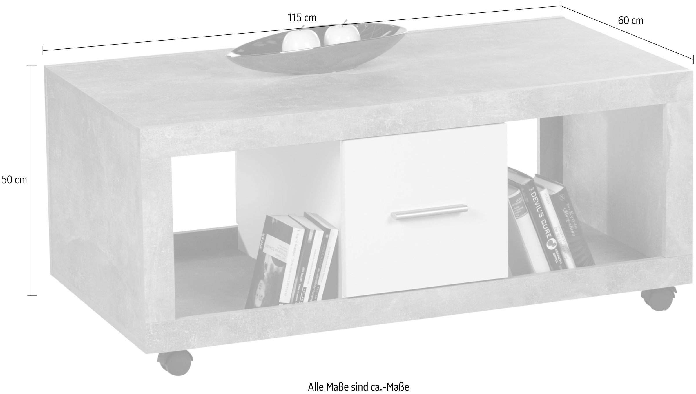 Stolkom Couchtisch »Stone rollbar mit Schubkästen, Beton weiß, BxHxT 115x50x60 cm«, Rollbar, 2 Schubkästen, 2 offene Fächer, Beton Dekor-Weiß