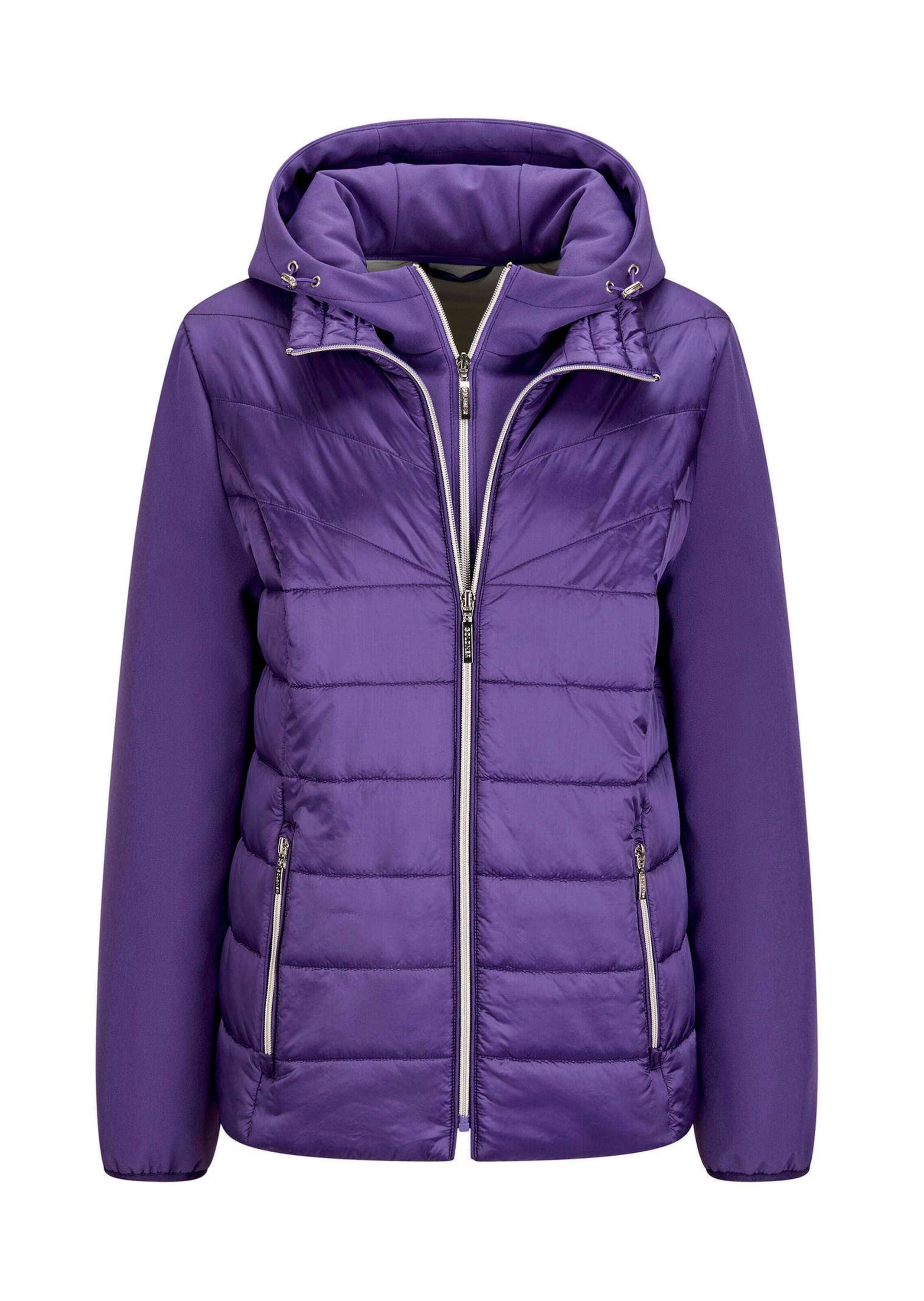 Kurzjacke GOLDNER "Kurzgröße Steppjacke mit Ärmeln aus Softshell", Damen, Gr. 21, lila, Obermaterial: 50% Polyamid PA. 47% Polyester PES. 3% Elasthan EL., normal, Jacken Kurzjacke, Mit herausnehmbaren Einsatz