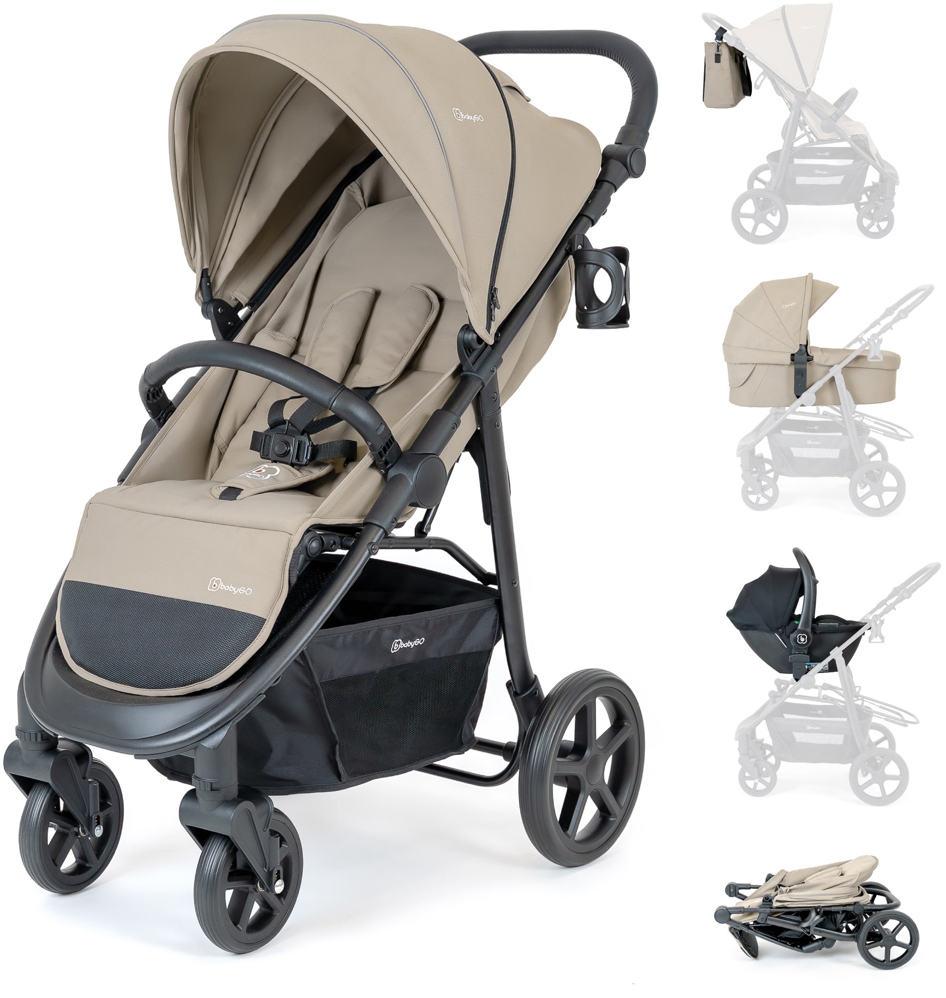 BabyGo Kombi-Kinderwagen "Evolution" 22 kg mit Babywanne, Babyschale, Wickeltasche und Sportsitz