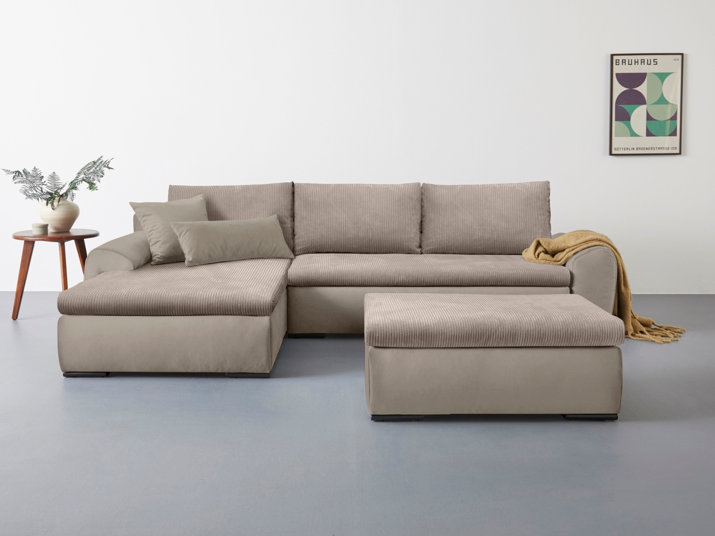 Home affaire Ecksofa »Win, L-Form, Breite 285cm«, optional mit Schlaffunktion und Bettkasten, taupe, Cord