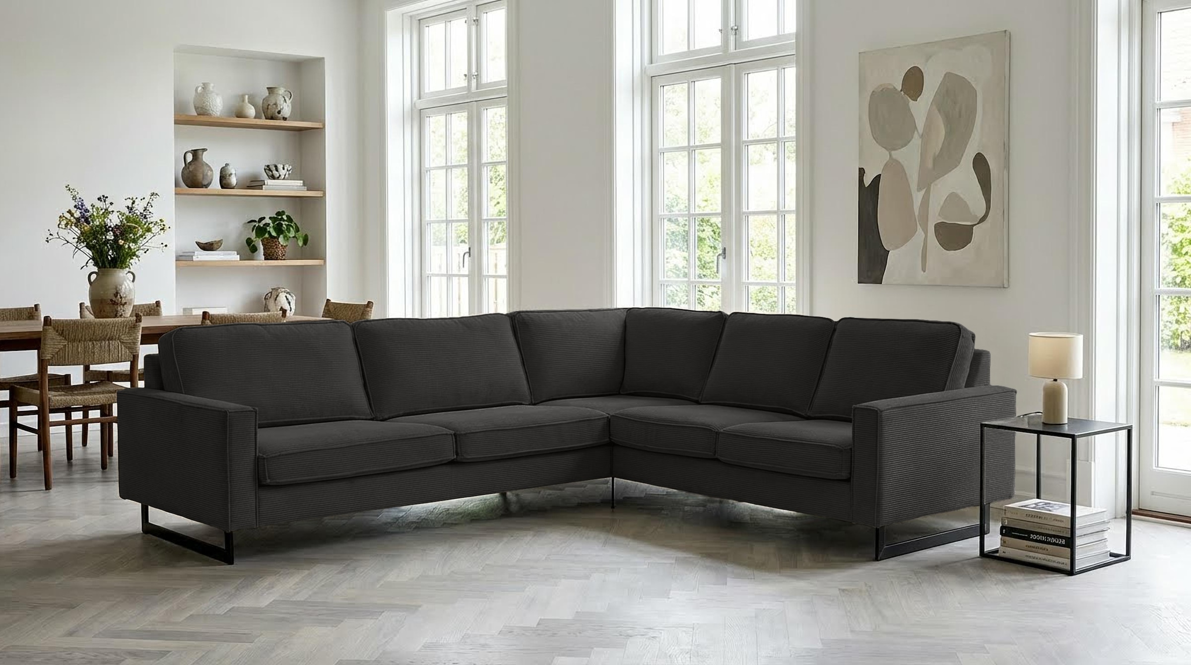 OTTO home Ecksofa "Pinto, XXL, 250/290 cm, langer Schenkel, Ottomane" Cord, Chenille, Lederoptik, mit Keder, Metallfüße, Wellenunterfederung