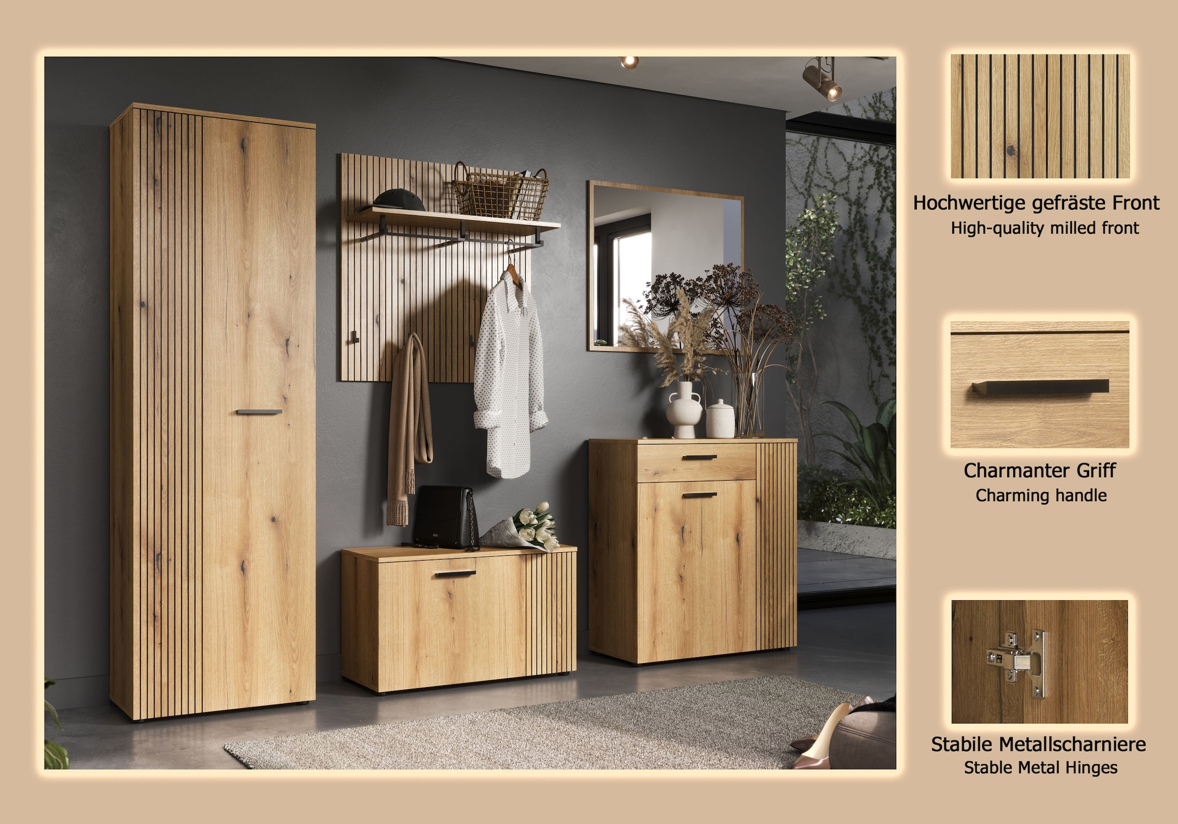 Home affaire Garderoben-Set »Amrum« Komplett-Set, 5 Stk. tlg. Set bestehend aus: Schrank, Sitzbank, Wandpaneel, Kommode & Spiegel