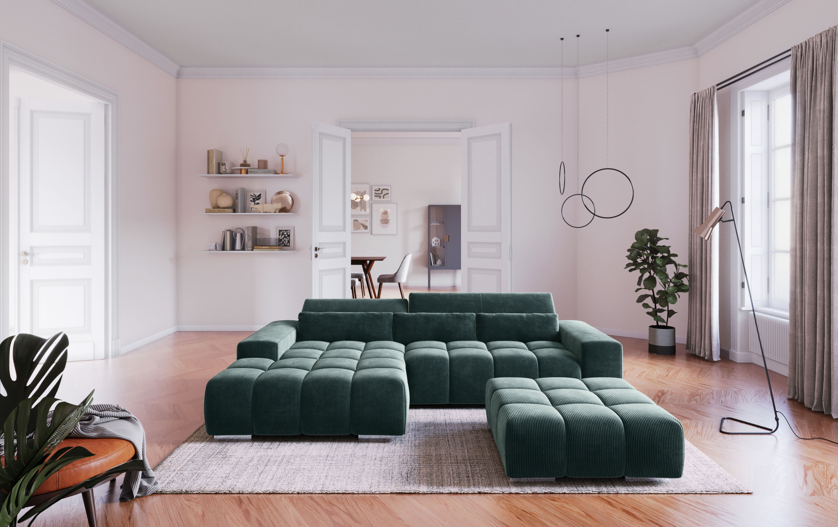 COTTA Ecksofa "Orion L-Form, B: 307 cm, moderne Steppung, bequeme Wellenunterfederung" 2x Kopfteilverstellung & 3 Nierenkissen
