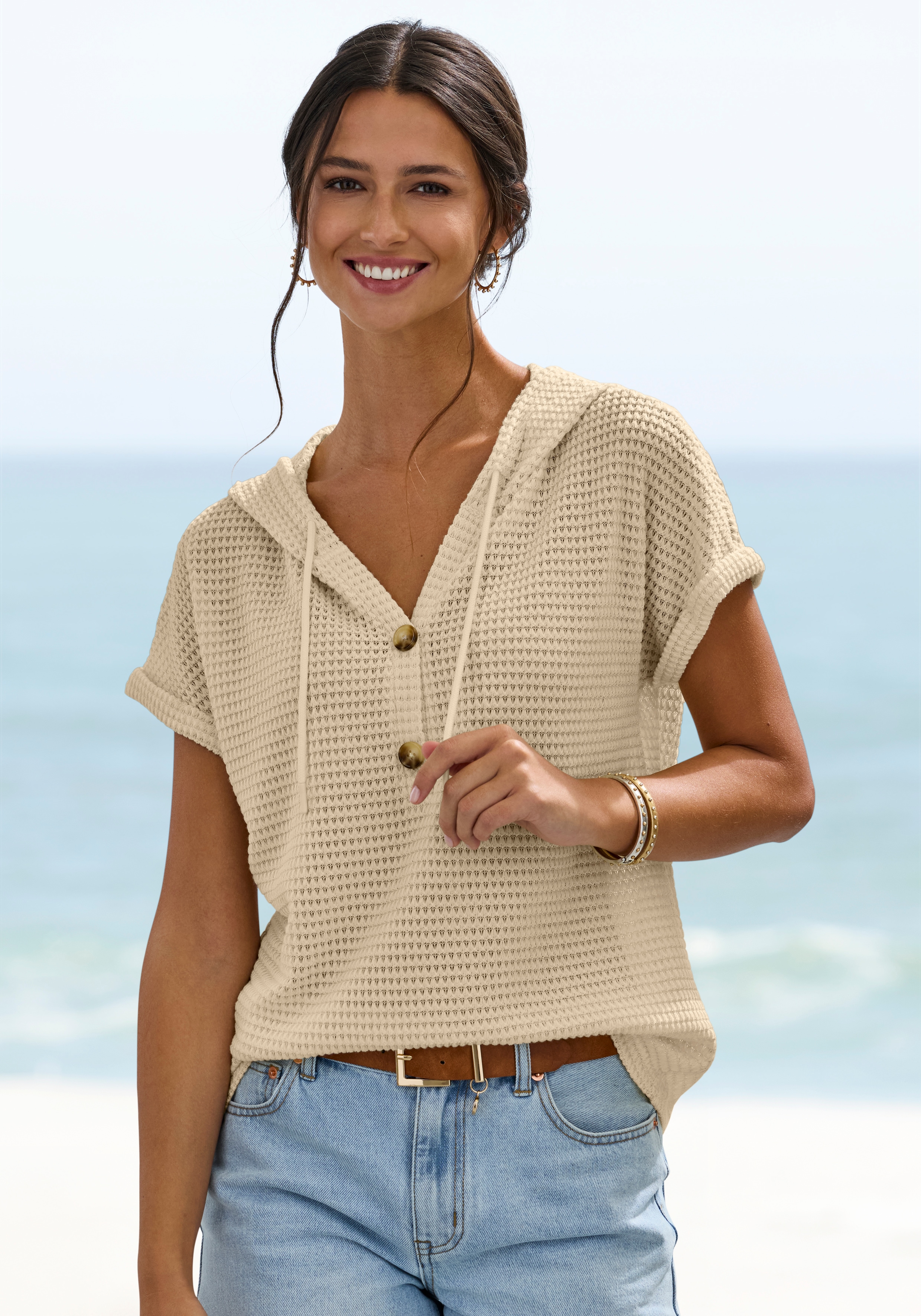 LASCANA Kapuzenshirt "aus sommerlichem Waffelstrick" Sommerhoody mit Knopfleiste