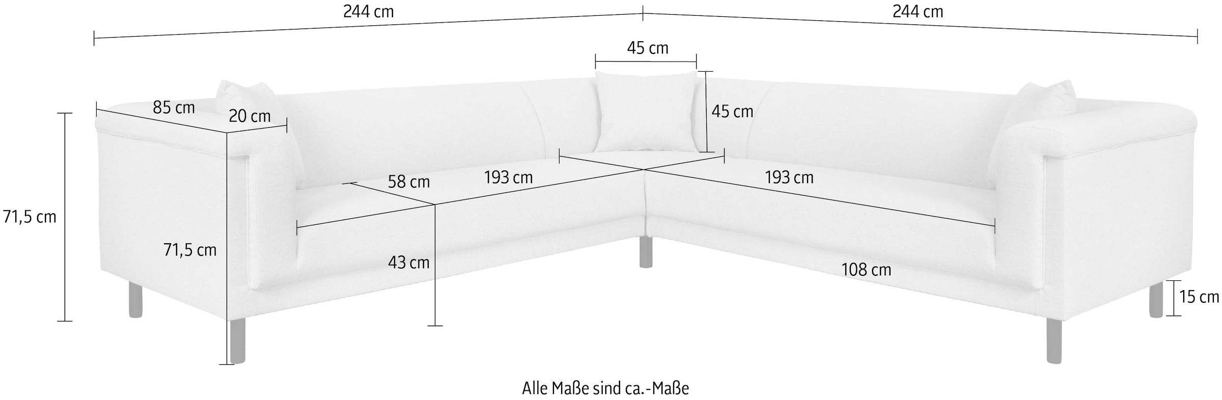 INOSIGN Ecksofa »AGNIA L-Form  B/T/H: 244/244/71 cm«, incl. Zierkissen, gleichschenklig, auch in Cord
