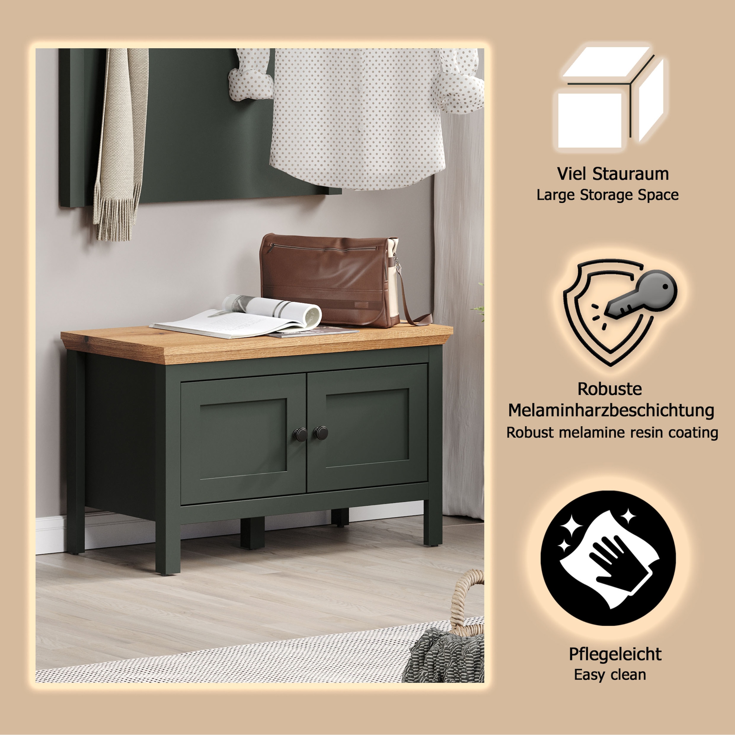 Home affaire Schuhbank »Vienna«, (1 St.), Sitzbank mit 2 Türen & Stauraum - (B/T/H) 77/39/48 cm