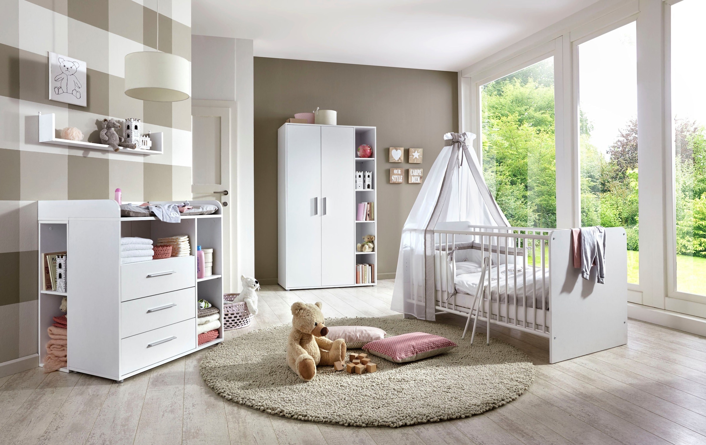 BMG Möbel Babyzimmer-Komplettset »Luis«, (Set, 6 St., Bett + Wickelkommode + 2-trg. Schrank + Unterstellregal (Set 2-tlg.), Bett + Wickelkommode + 2-trg. Schrank + Unterstellregal (Set 2-tlg.)