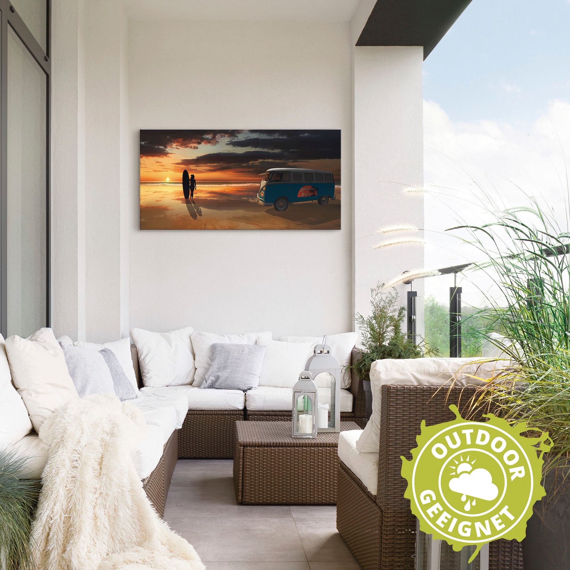 Artland Wandbild »Surfen in Kalifornien mit Bulli T1«, Küste, (1 St.), als Alubild, Outdoorbild, Leinwandbild, Poster, Wandaufkleber