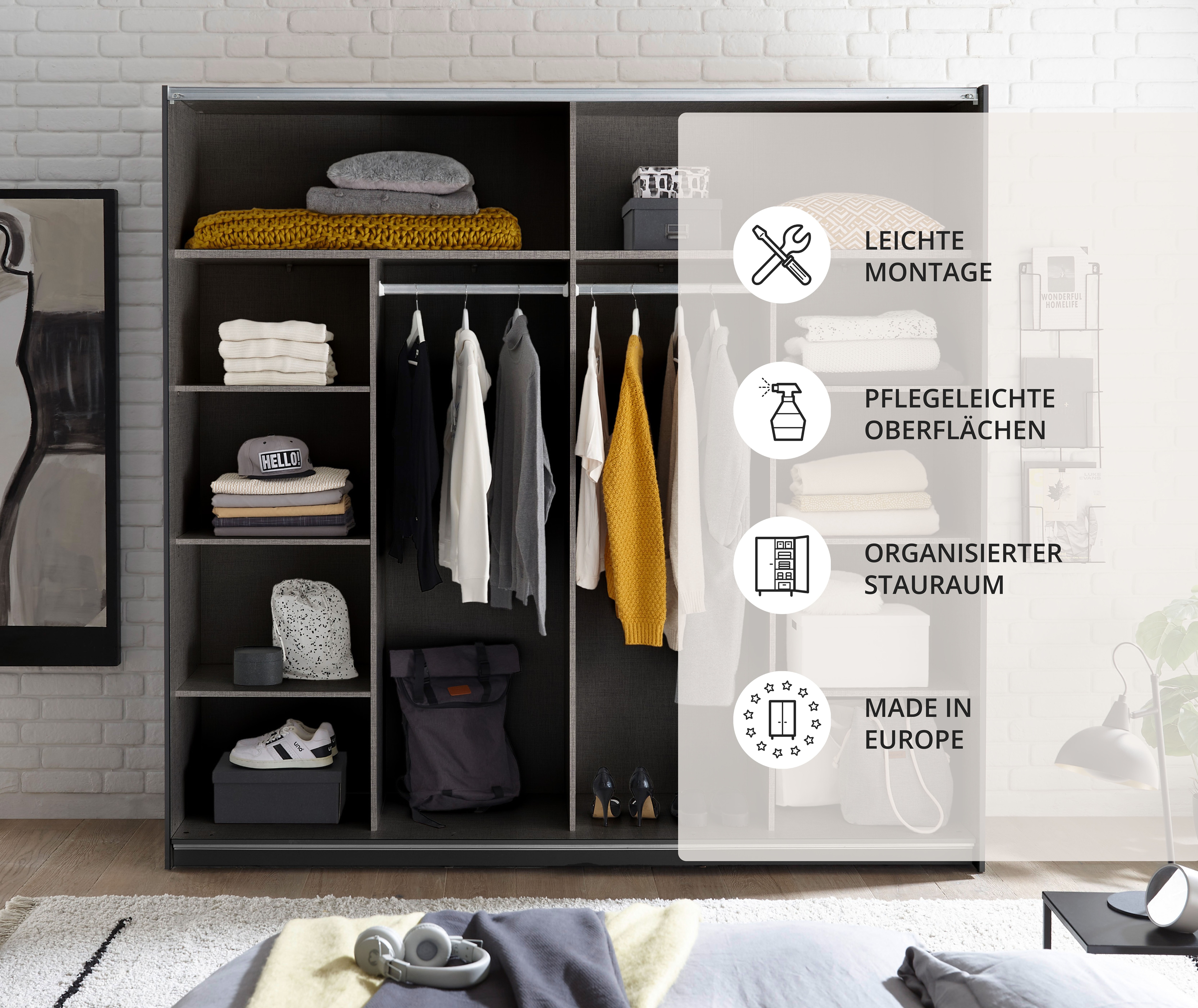 Thumbnail - Schlafkontor Schwebetürenschrank "Melton Kleiderschrank mit Schiebetüren und Hoteleinteilungen", optional verstellbare E...