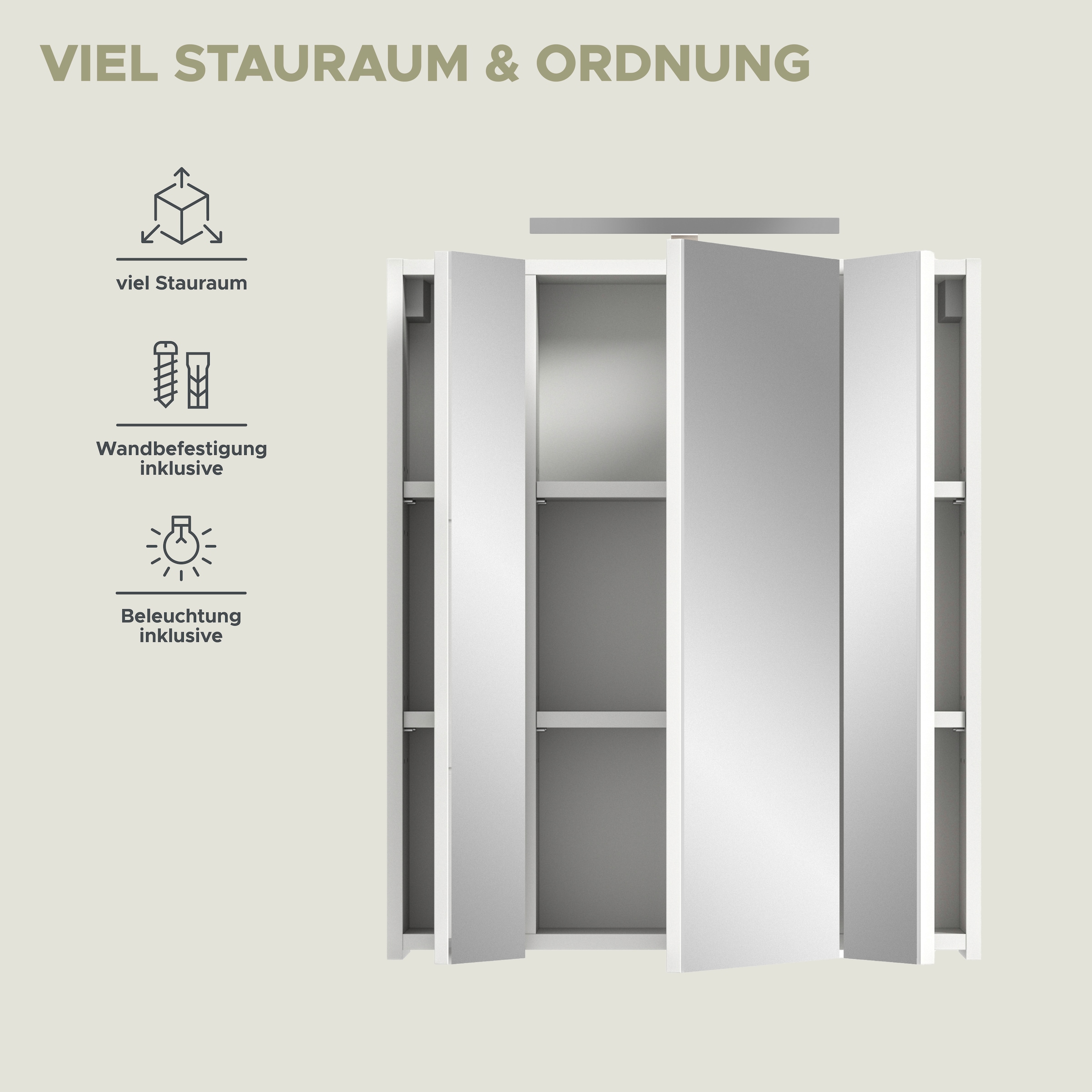 INOSIGN Badezimmerspiegelschrank »Malmö, Breite 60 cm, inkl. LED Beleuchtung, 3 Spiegeltüren, 9 Fächer«, in verschiedenen Farben erhältlich, Badmöbel, Spiegel, Badschrank, Bad