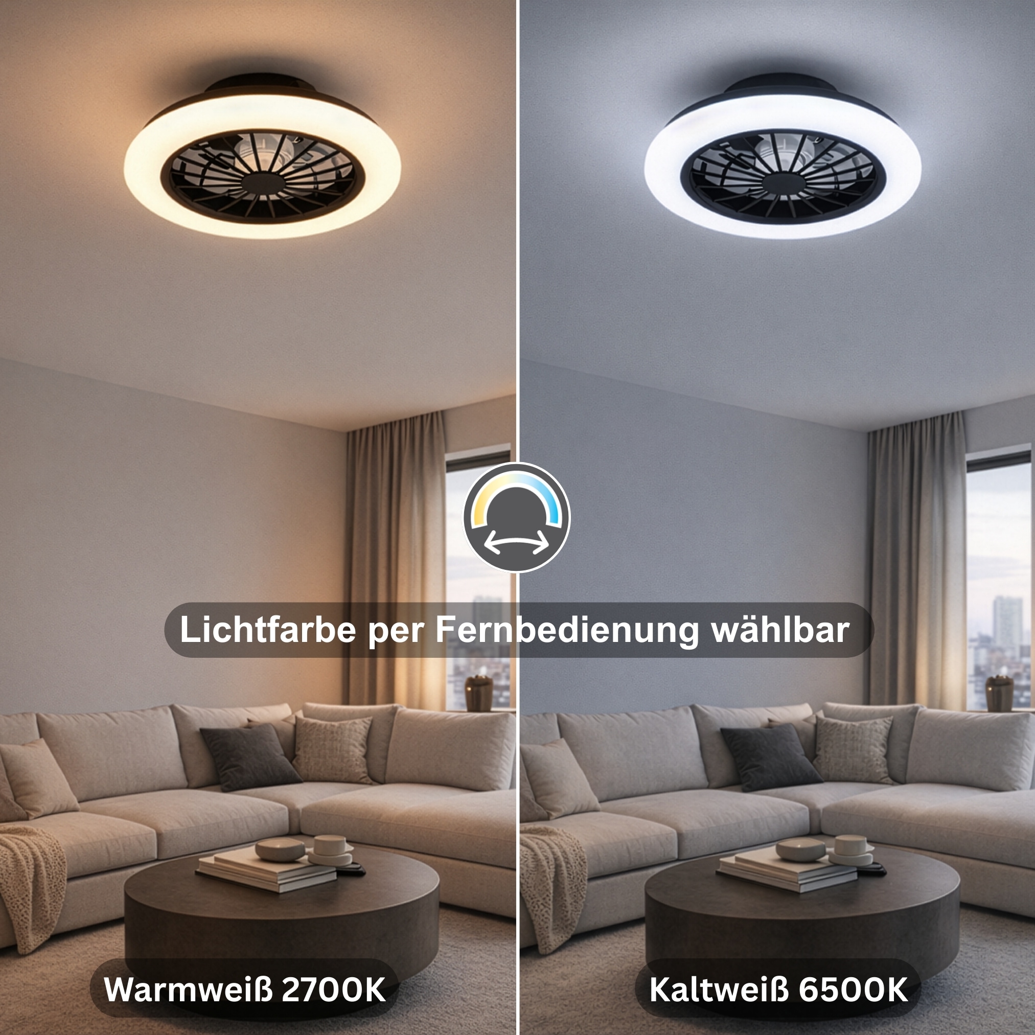 REALITY Leuchten LED Deckenleuchte »ROTSUND, Deckenventilator mit Licht Ø 38cm, inkl Fernbedienung« LED-Board 1 Stk. Farbwechsler | warmweiß - kaltweiß Ventilator mit 5 Stufen, Vor- & Rücklauf, LED mit CCT Timer Nachtlicht