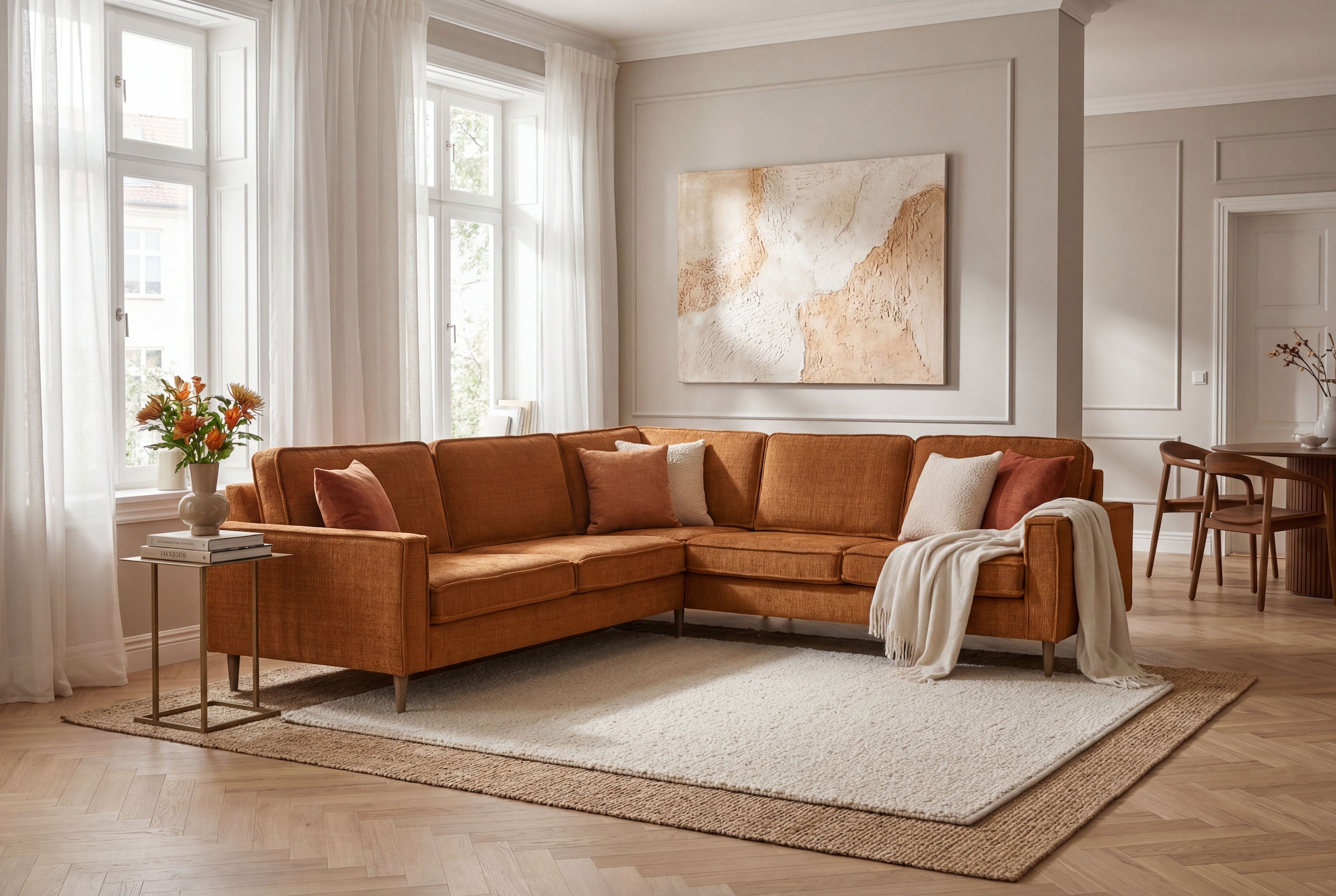 OTTO home Ecksofa "Pinto Skandi, 290 cm, Chenille, Struktur, Ottomane links / rechts" mit Keder, Massivholzfüße Eiche geräuchert, Wellenunterfederung