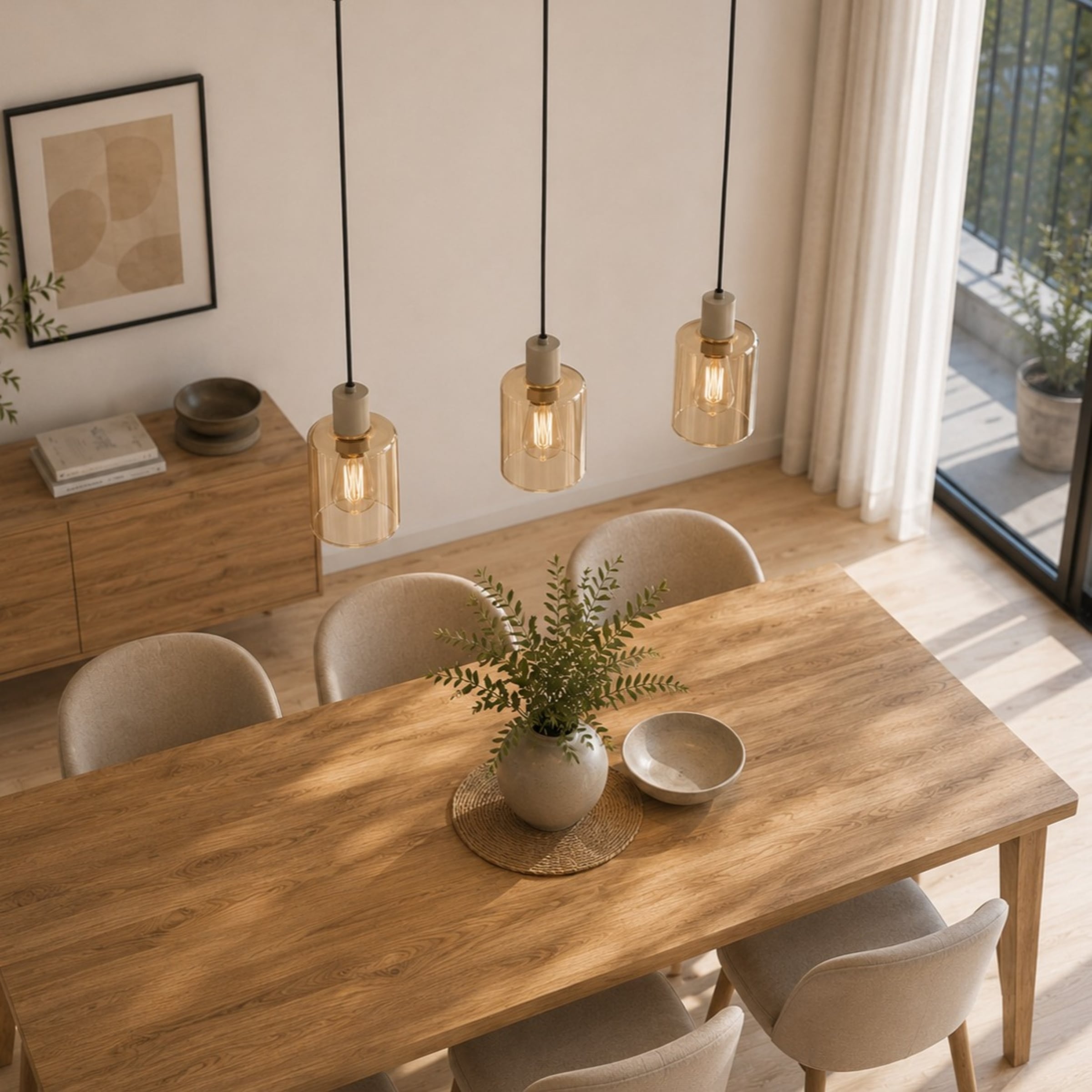 Brilliant Pendelleuchte »Lyska« E27 1 Stk. 72 x 12,5 x 120 cm, 3x E27 Fassung, Metall/Glas, beige/bernsteinfarben