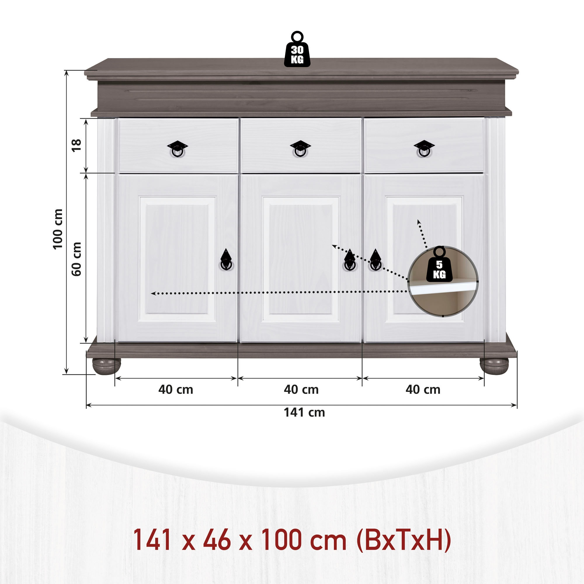Inter Link Anrichte »Halmaro, Kiefer Massivholz, Soft-close, 141 x 46 x 100 cm, Stauraum« 1 Stk. tlg. Sideboard in Weiss, Grau/Lava, Landhausstil, 3 Türen, 3 Schubladen