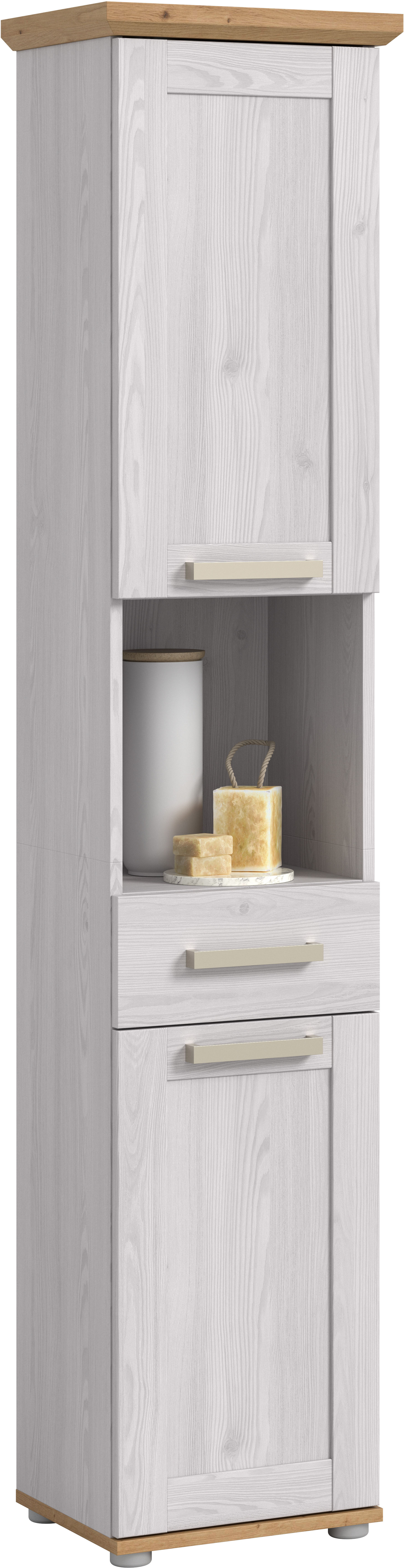 welltime Hochschrank "COSENZA, Höhe 187cm, 2 Türen, 1 Schubkasten, 1 offenes Fach" in Landhausoptik, mit weiteren Artikel der Serie kombinierbar, 1 Stk. tlg. Hochschrank, Bad, Badezimmerschrank