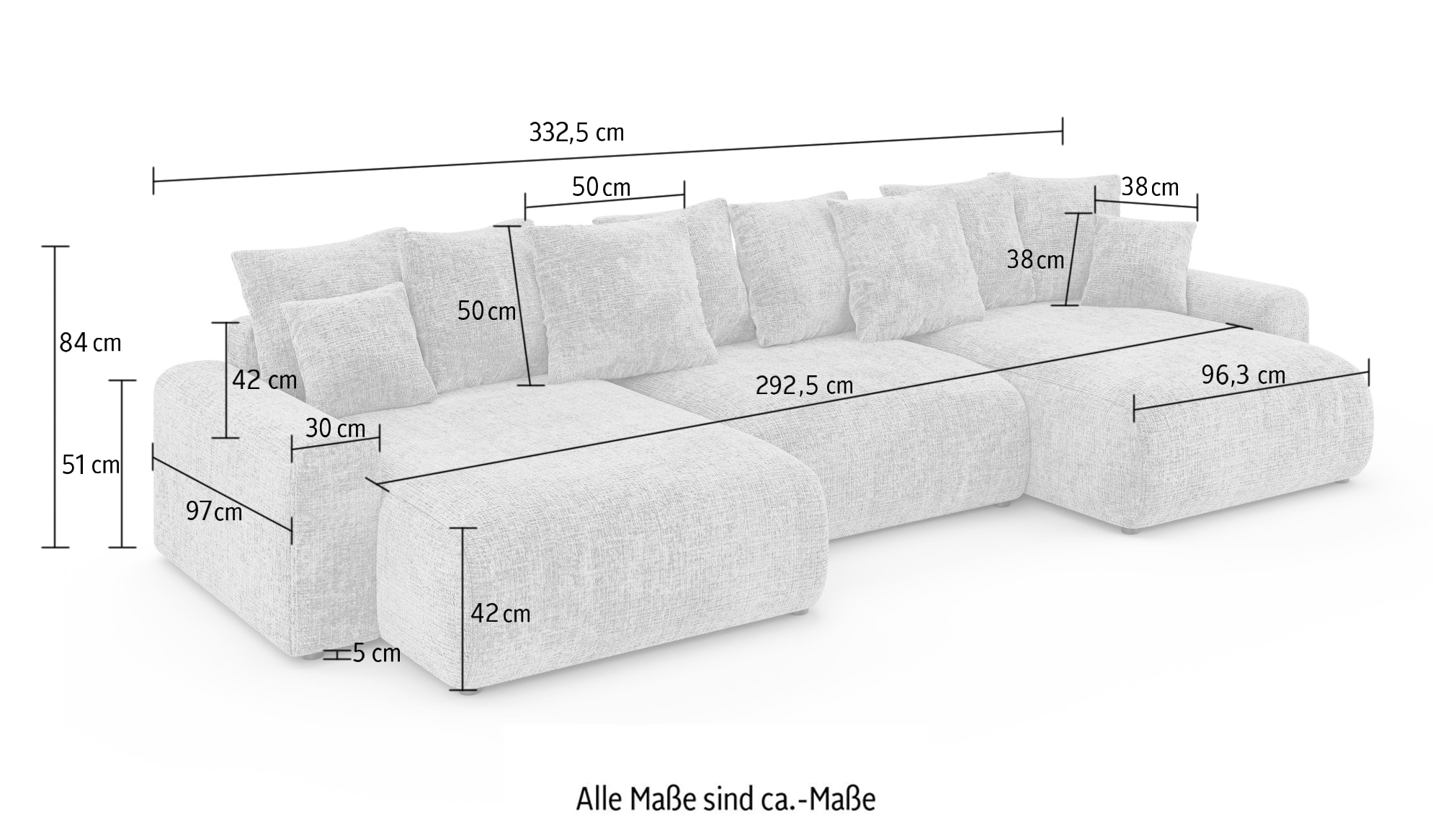 Home affaire Wohnlandschaft »LAKESIDE mit Bettfunktion und Bettkasten, Maße B/T/H: 332,5/142/84 cm«, U‑Form mit vielen Kissen und Wellenunterfederung