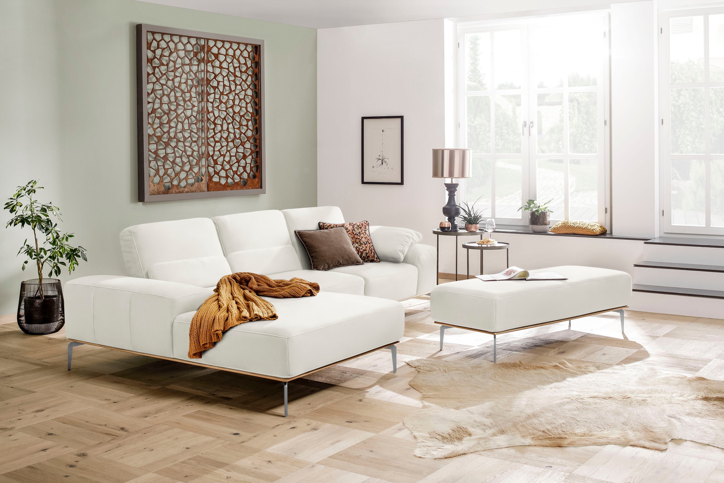 W.SCHILLIG Polsterhocker »run«, mit elegantem Holzsockel, Füße in Chrom glänzend, Breite 150 cm