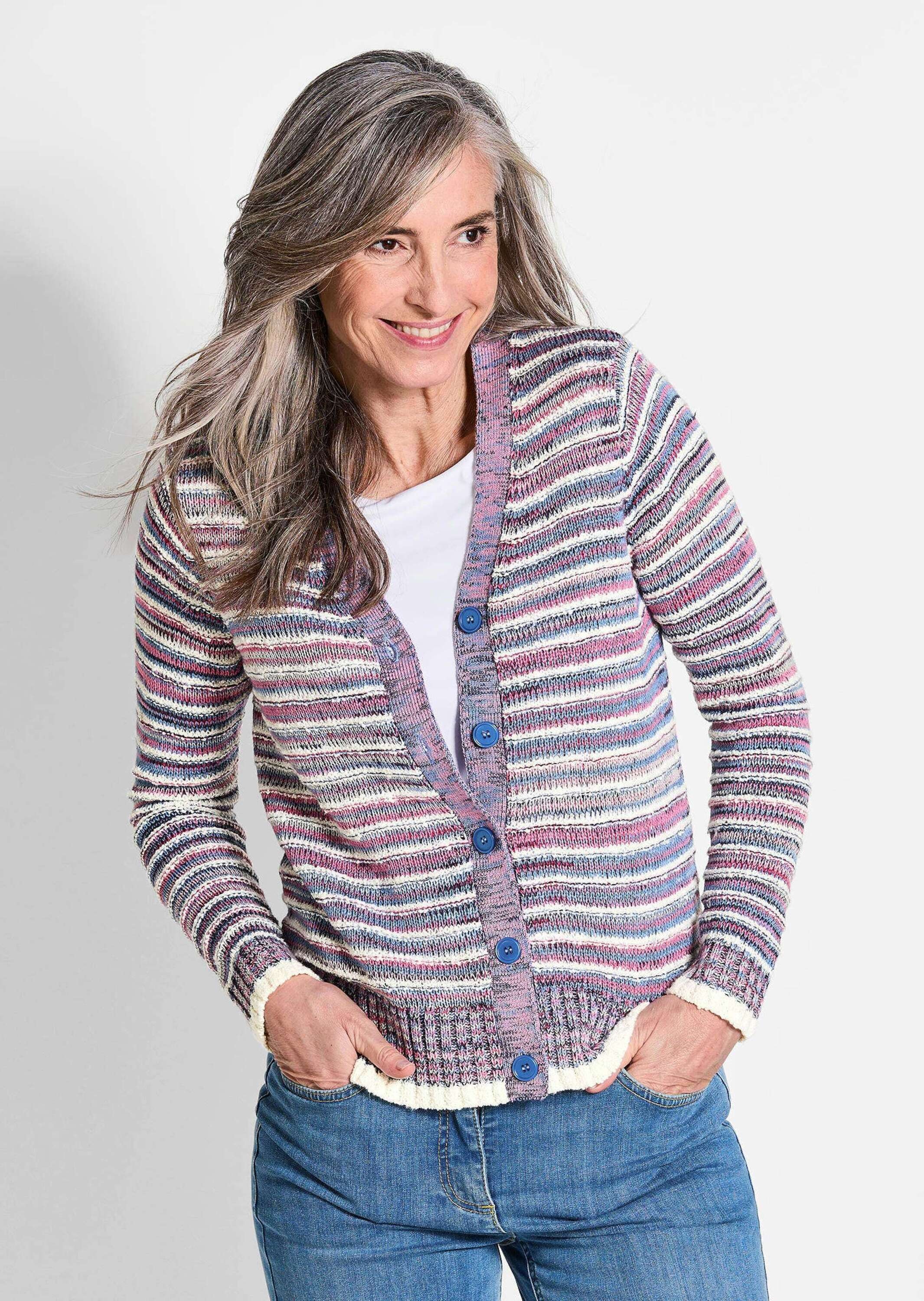 Thumbnail - GOLDNER Strickjacke "Kurzgröße Langarm Jacke mit Muster, V-Ausschnitt" Multicolor-Ringelmuster