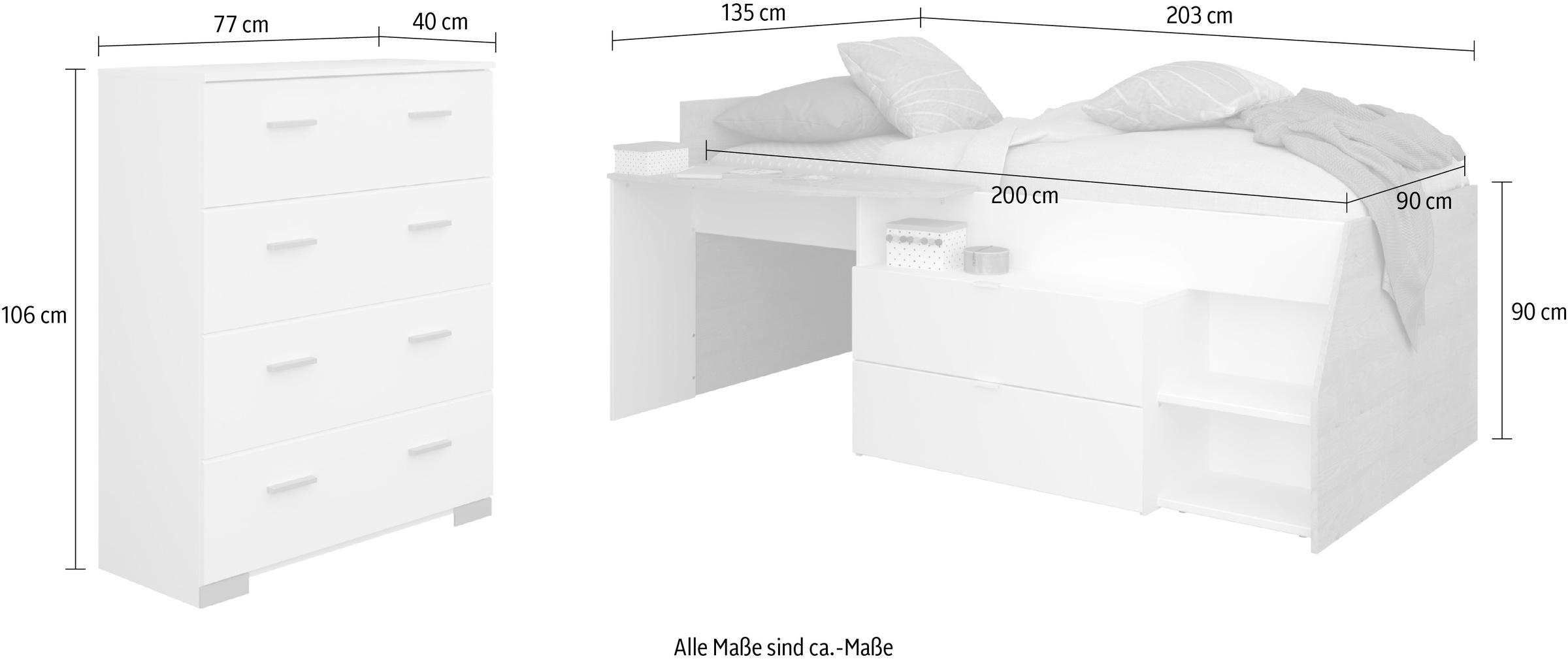 Parisot Jugendzimmer-Set »Parisot Milky 16«, (2 tlg.), viel Stauraum, halbhohes Hochbett