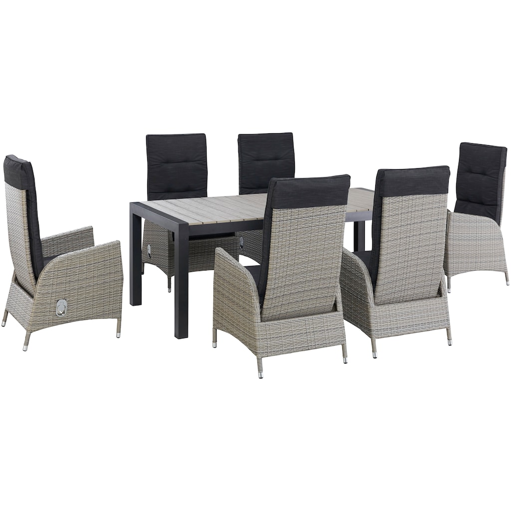 KONIFERA Garten-Essgruppe »Alva«, (Set, 13 tlg., 6x Stuhl, 1x Tisch ausziehbar 205-275 cm, inkl. Auflagen), Aluminium, Polyrattan, Rückenlehnen stufenlos verstellbar, Grau