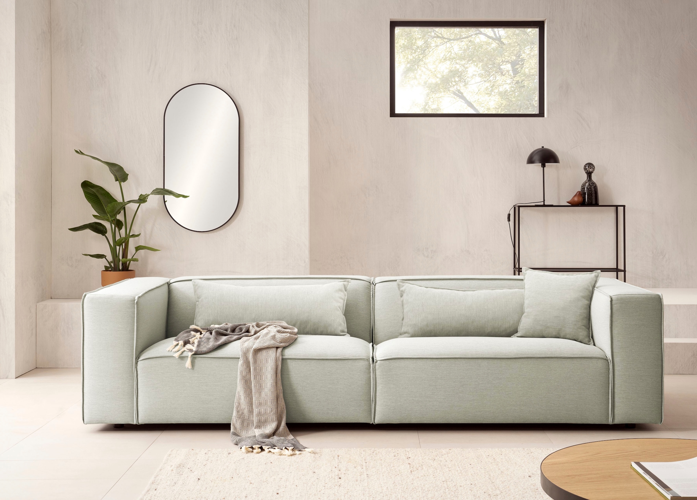 LeGer Home by Lena Gercke 3-Sitzer "PIARA, Struktur u. Leinenoptik, Sofa mit Kedernaht" schwarze Füße, bequemer Sitzkomfort