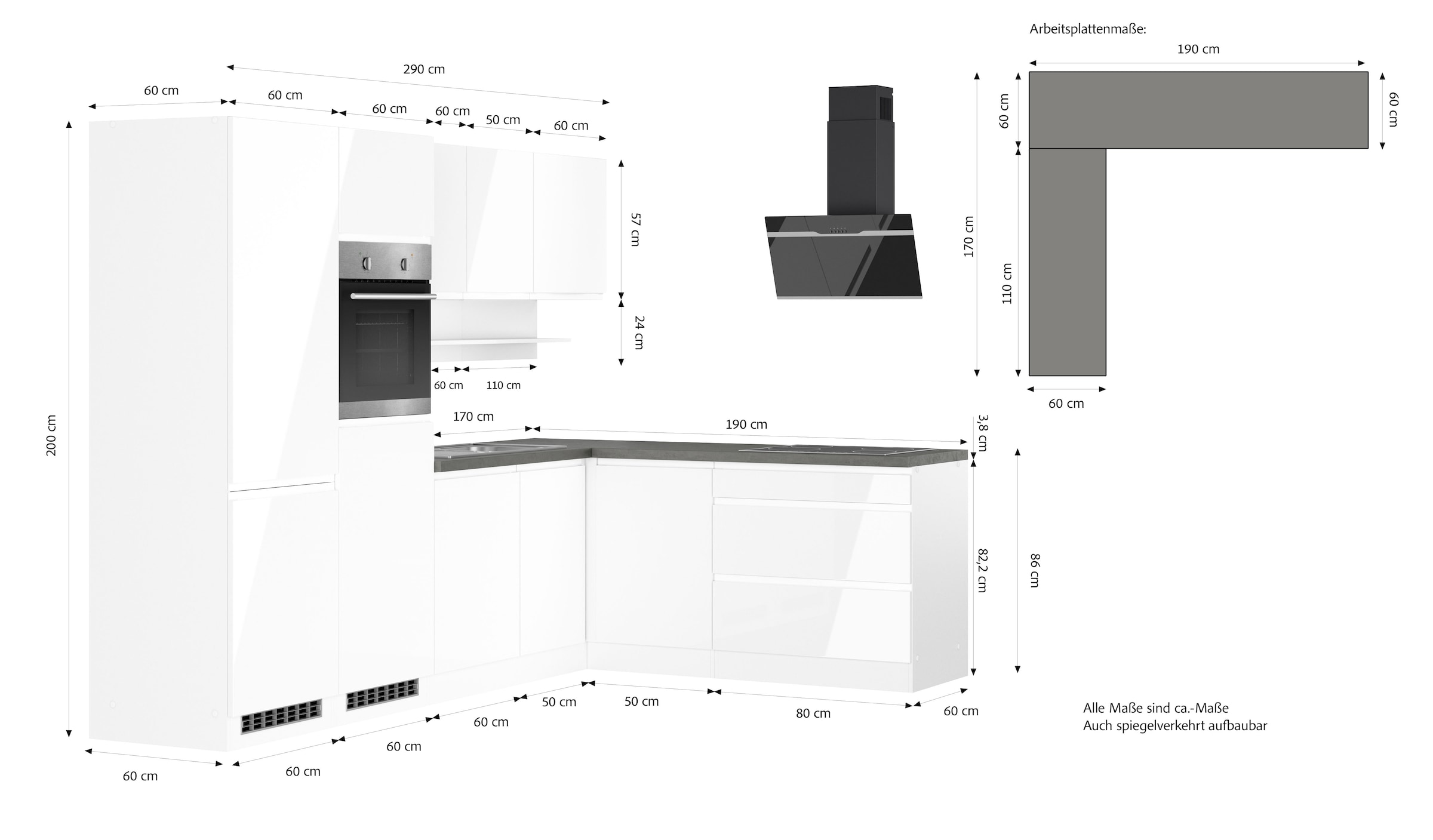 KOCHSTATION Winkelküche »KS-Virginia,neu in verbesserter Ausführung« Arbeitsplatte 38 mm stark, Stauraum, Softclose,  Stellbreite 290/180 cm, Soft-Close, ohne E-Geräte