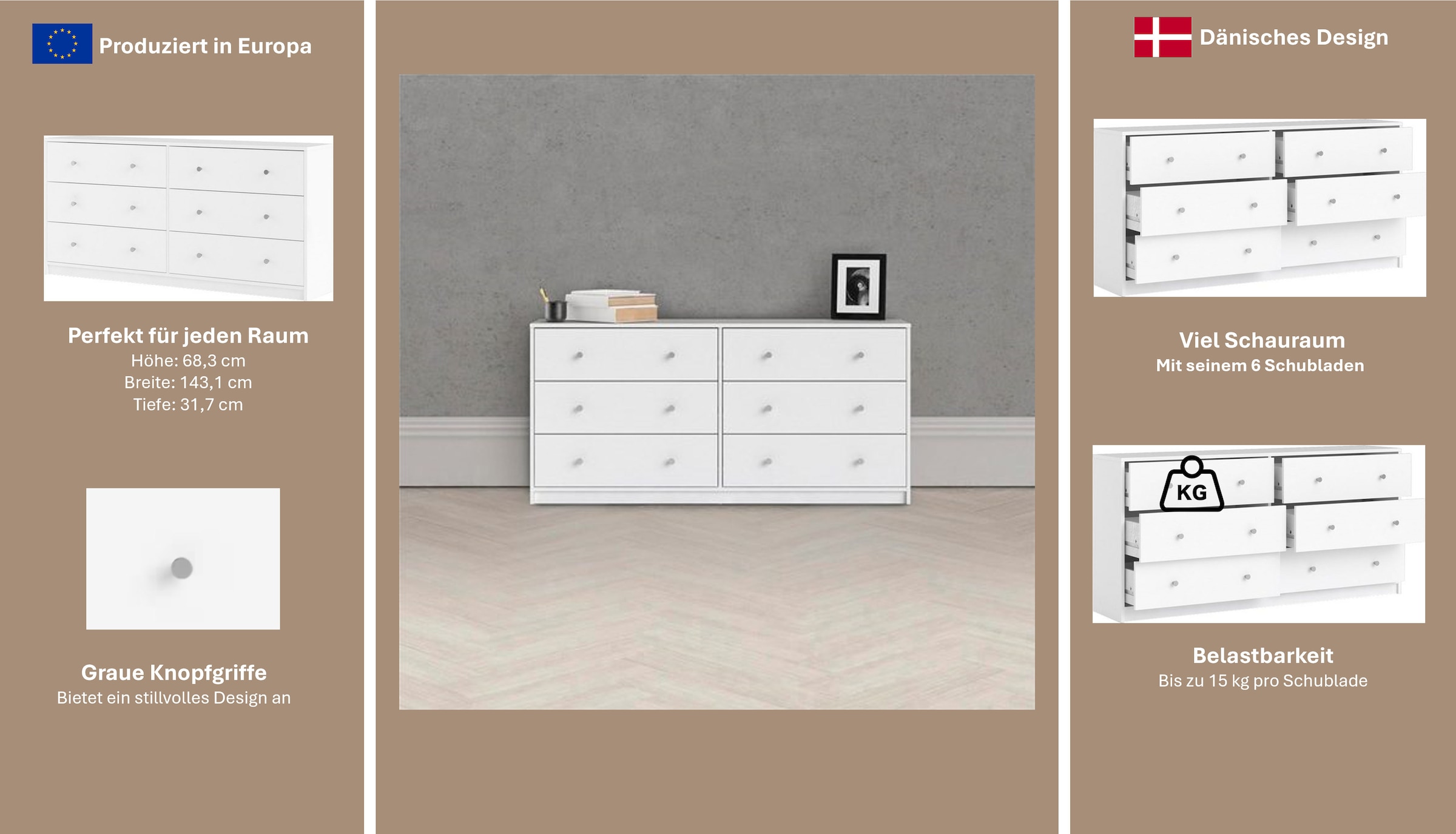 Home affaire Sideboard »May, Aufbewahrung, Schubkastenkommode, Stauraum«, mit 6 Schubladen, Knopfgriffen,Tiefe von 30 cm, Breite 143 cm