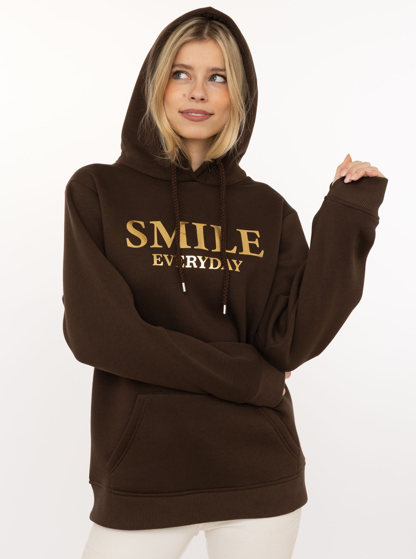 Zwillingsherz Hoodie ""Smile Sparkle"", glänzender Print, Fronttasche, Kapu günstig online kaufen