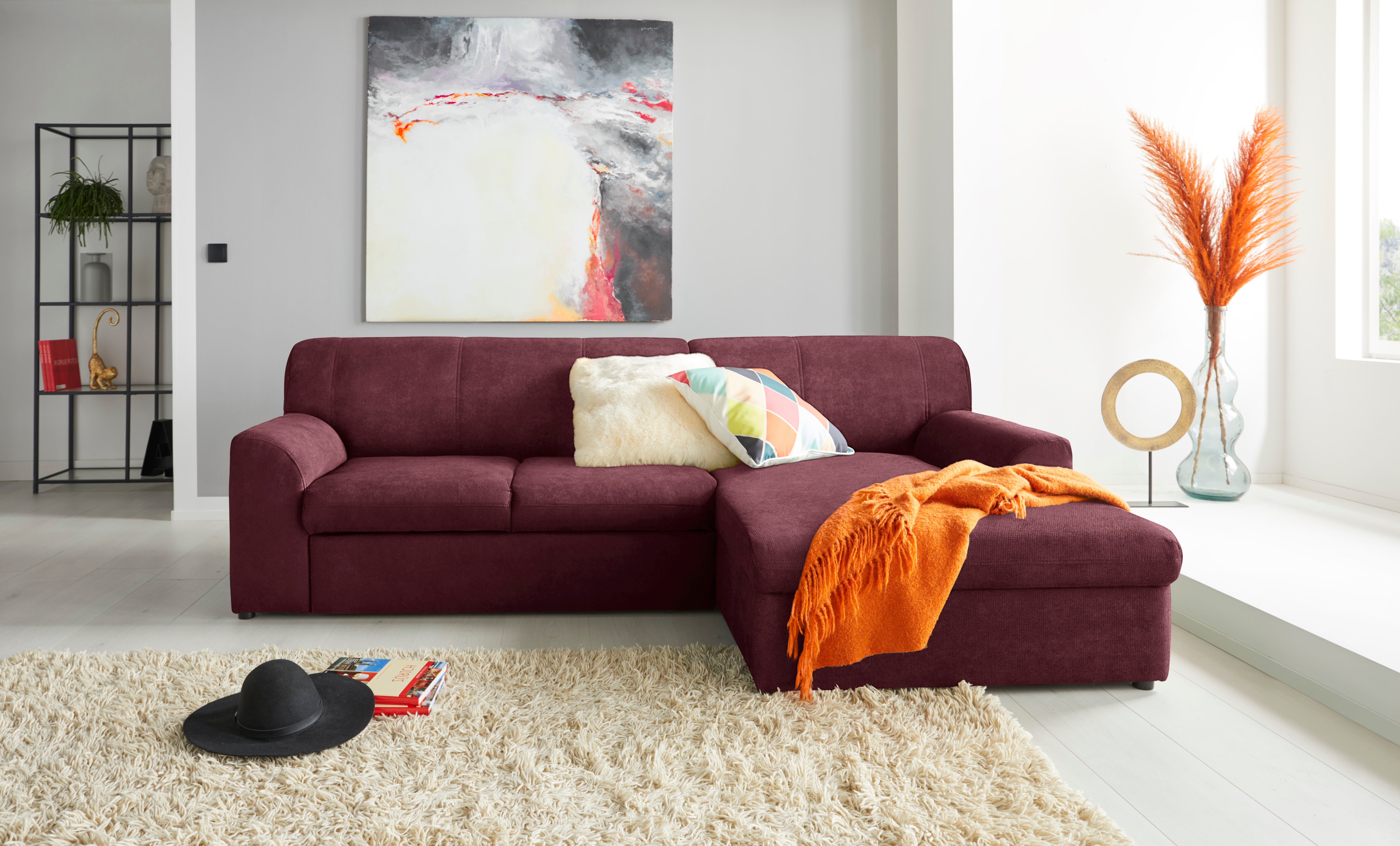 DOMO collection "Topper, elegant und zeitlos, kompaktes Stellmaß 245/155cm, L-Form" mit Recamiere, wahlweise mit Schlaffunktion