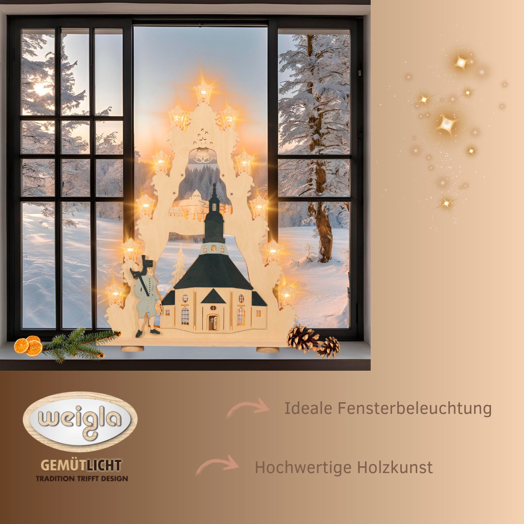 Weigla LED Lichterbogen »Seiffener Kirche, große Lichterspitze aus Holz«, Erzgebirge garantiert, Weihnachtsdeko Innen, Weihnachtsbeleuchtung