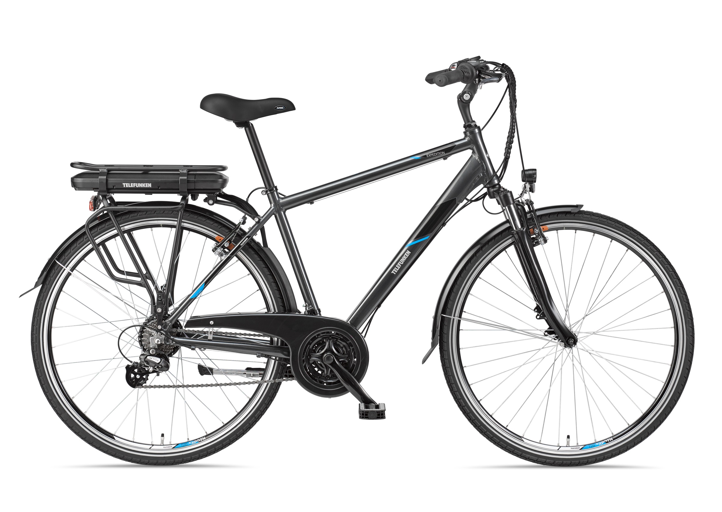 Telefunken "Expedition XT481" 21 Gang Shimano Heckmotor 250 W mit Fahrradtasche, Reichweite bis zu 100 km, Pedelec, Elektrofahrrad für Herren, 28 Zoll