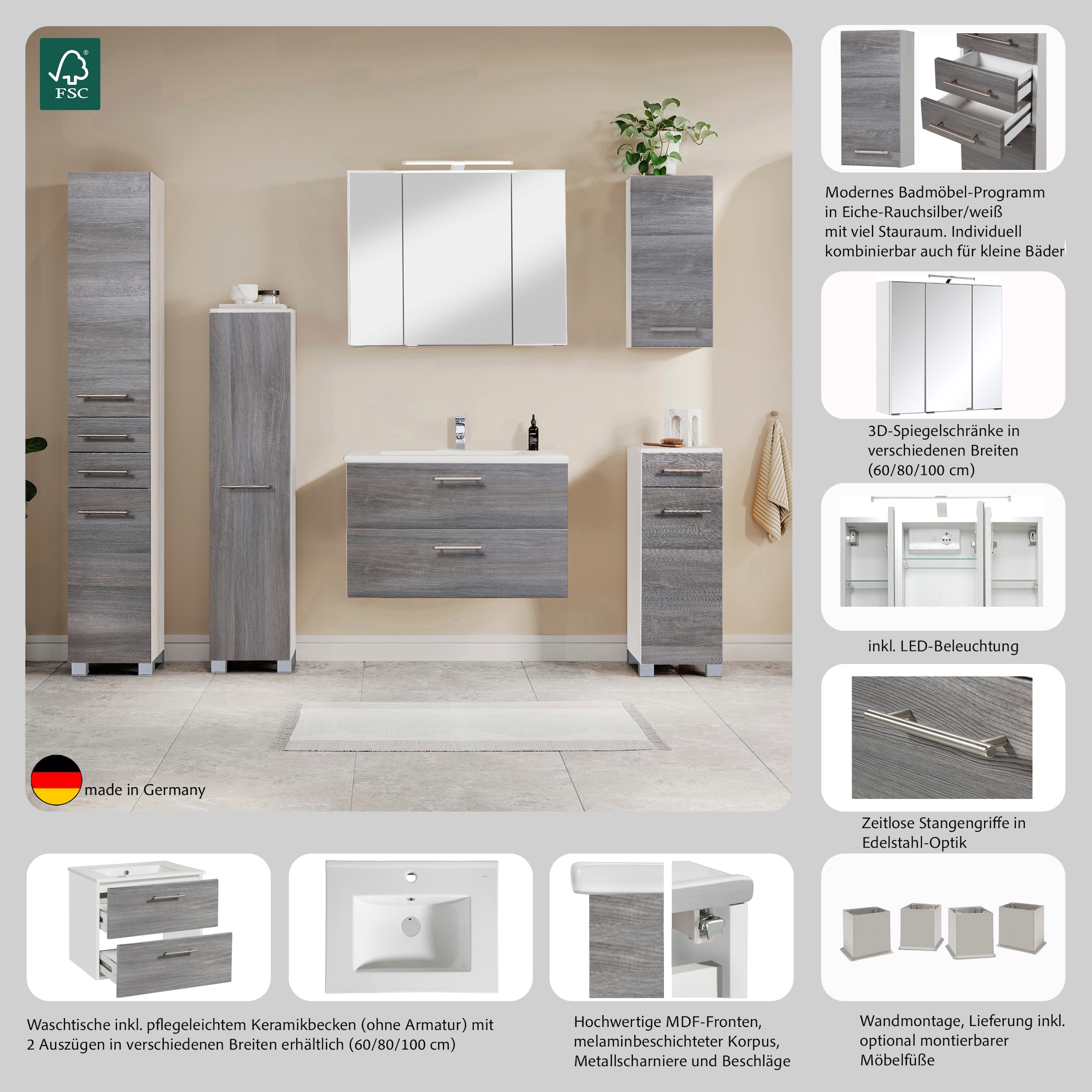 welltime Waschtisch »Trento Badezimmerschrank mit Becken Bestseller« Badmöbel in Breite 80 cm  , Waschplatz mit 2 Schubladen , Badschrank