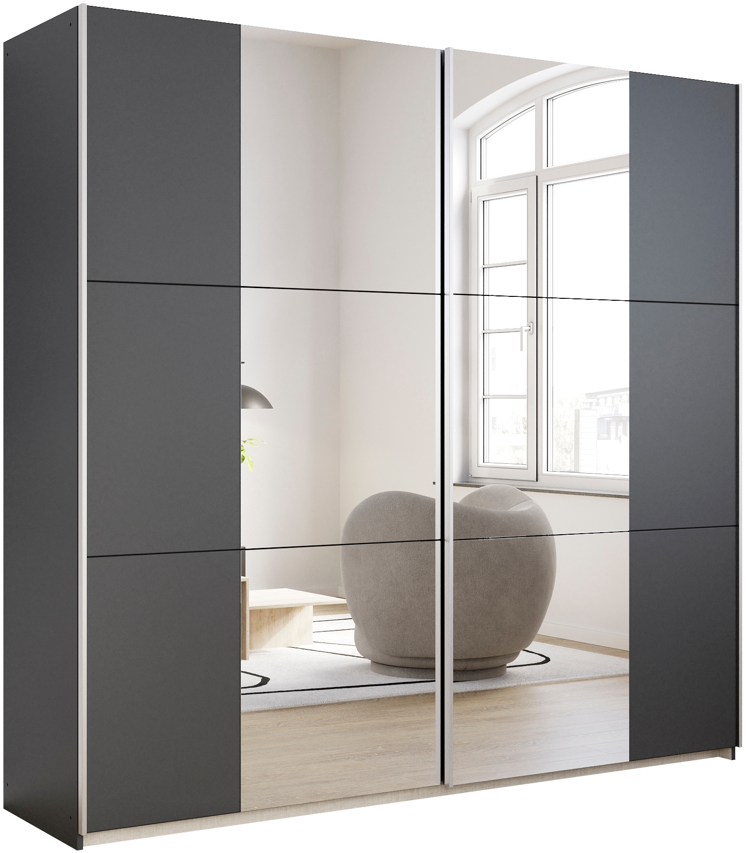 rauch Schwebetürenschrank "Kleiderschrank Drehtürenschrank Schrank Garderobe KRONACH" in 3 Ausstattungen BASIC/CLASSIC/PREMIUM, Breiten 131/175/218/261 cm, optional ohne, mit 1 oder 2 Spiegel, viel Stauraum MADE IN GERMANY