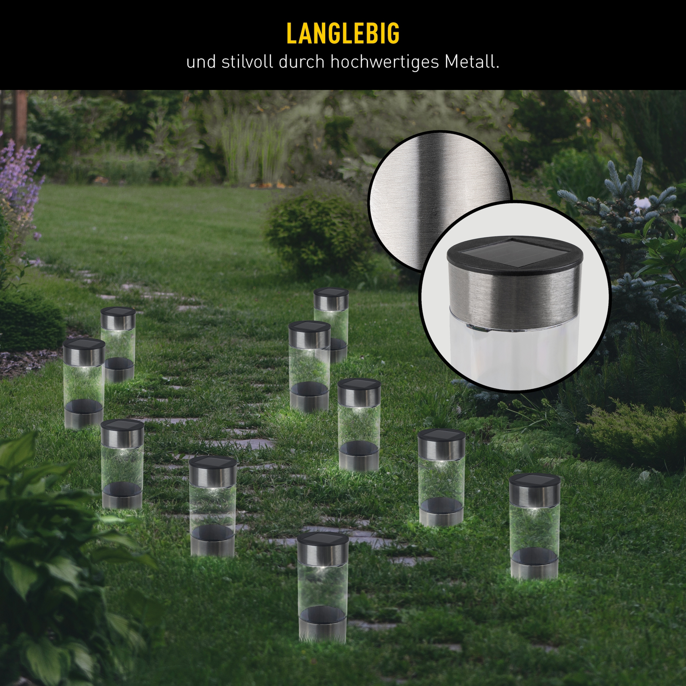 näve LED Solarleuchte »Rota« LED-Modul 1 Stk. Warmweiß 10er Set runde Dekoerdspieße, LED warmweiß, je H: 19cm, D: 5cm, silber