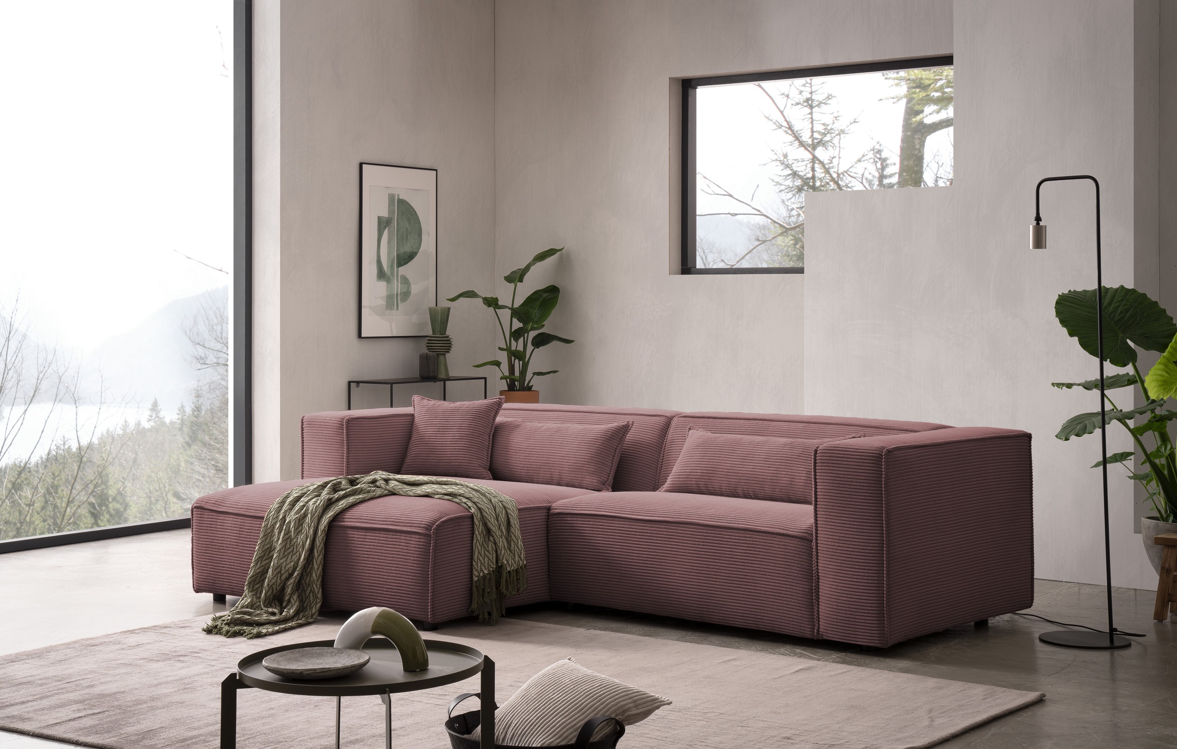 LeGer Home by Lena Gercke Ecksofa "PIARA Cord mit Kedernaht L-Form" wahlweise Ottomane rechts/links, schwarze Füße, bequemer Sitzkomfort
