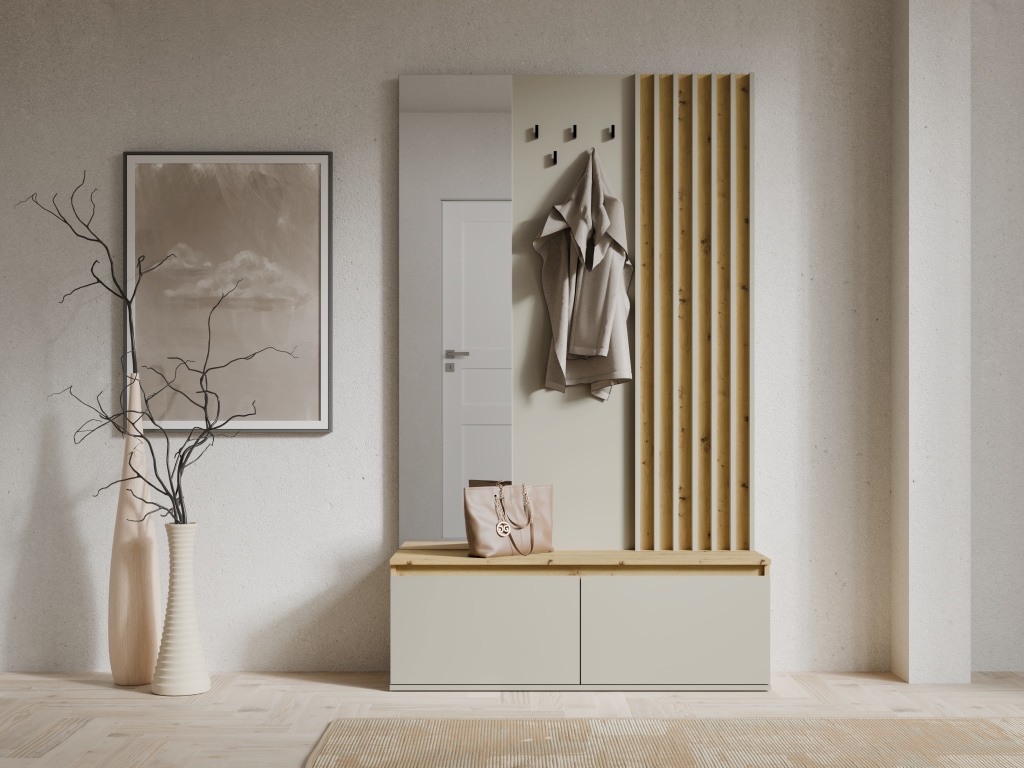 Home affaire Garderobenpaneel »LANDUVA Garderobe mit Schuhschrank, Spiegel und Haken, Breite 120 cm« Garderoben-Set, Kompaktgarderobe, mit Sitzbank, Lamellen Design
