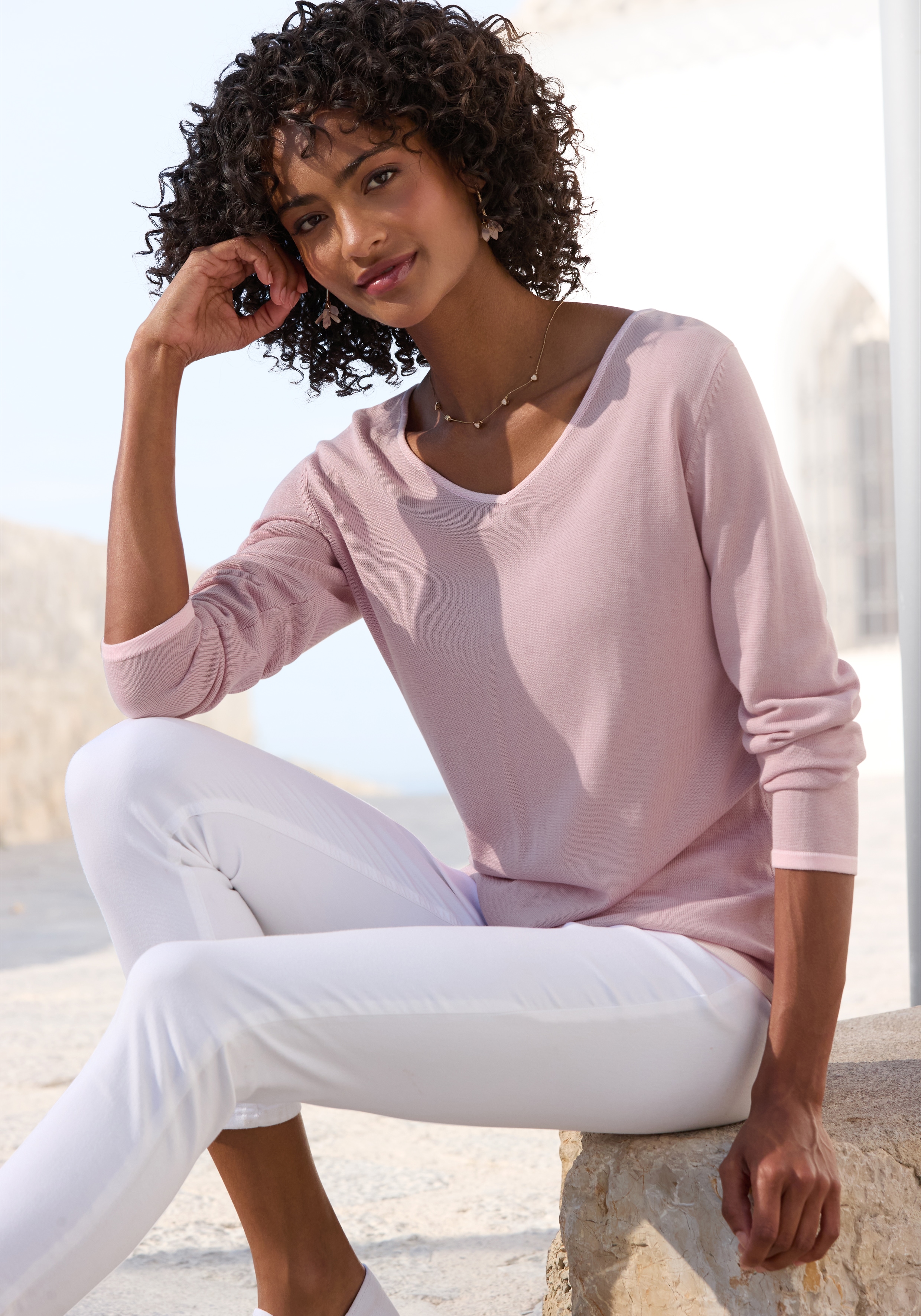 Vivance mit Kontrastkanten, Basic-Pullover aus weichem Feinstrick, casual